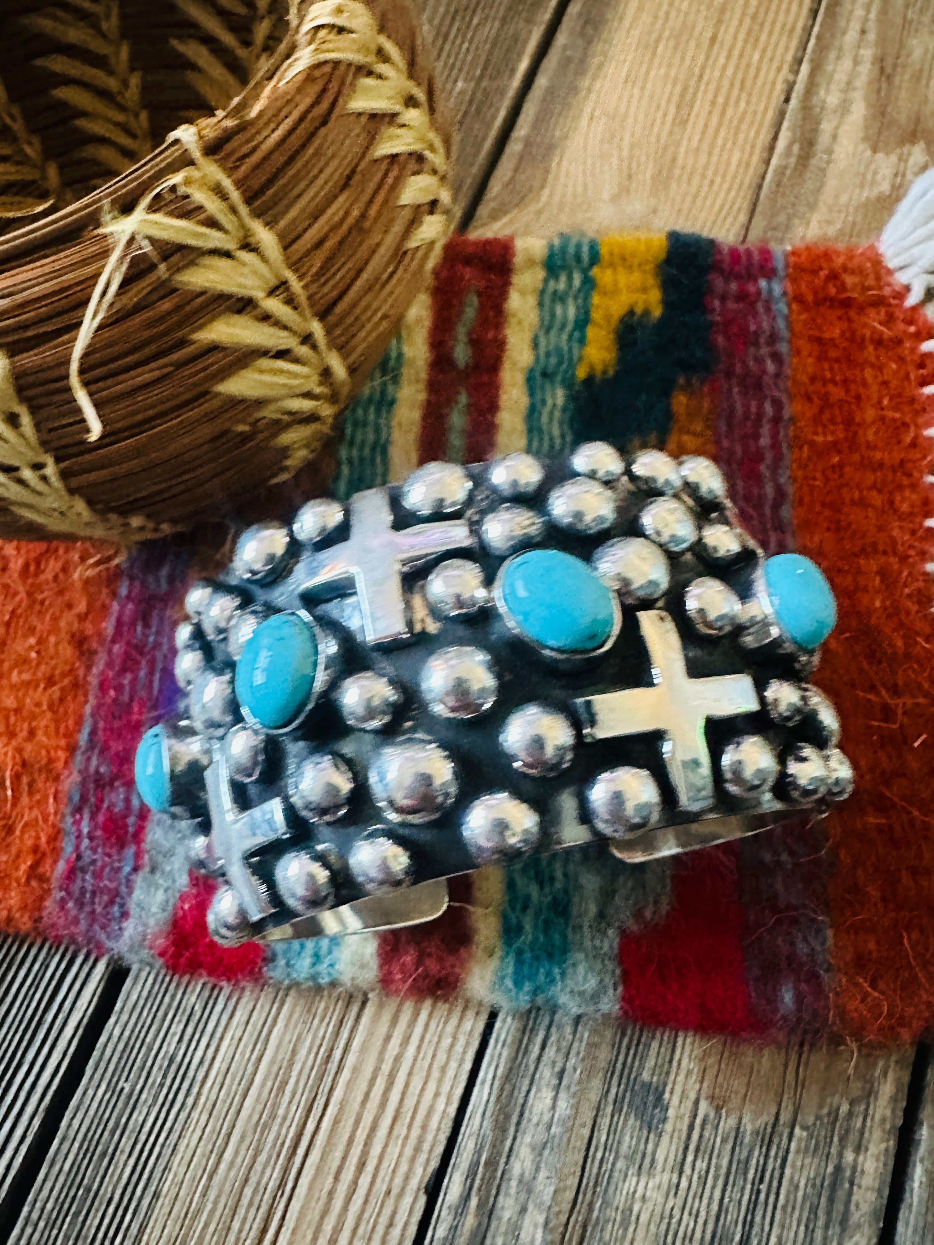 Handcrafted Turquoise & Sterling Silver Cross Cuff Bracelet By Chimney Butte