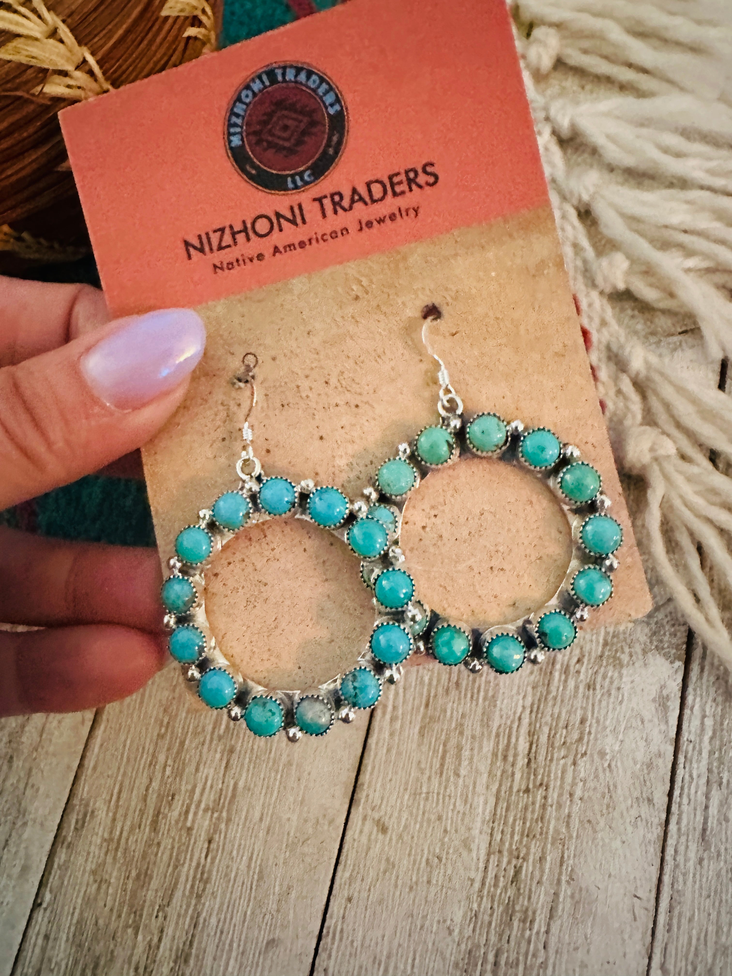 Handcrafted Turquoise & Sterling Silver Dangle Hoop Earrings