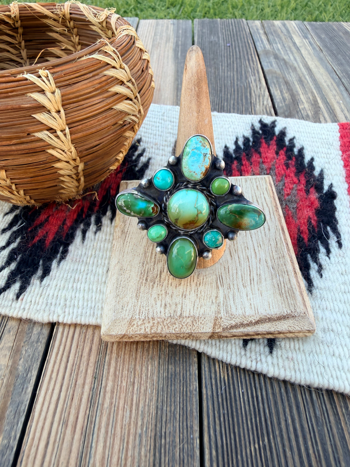 Handcrafted Turquoise & Sterling Silver Cluster Adjustable Ring