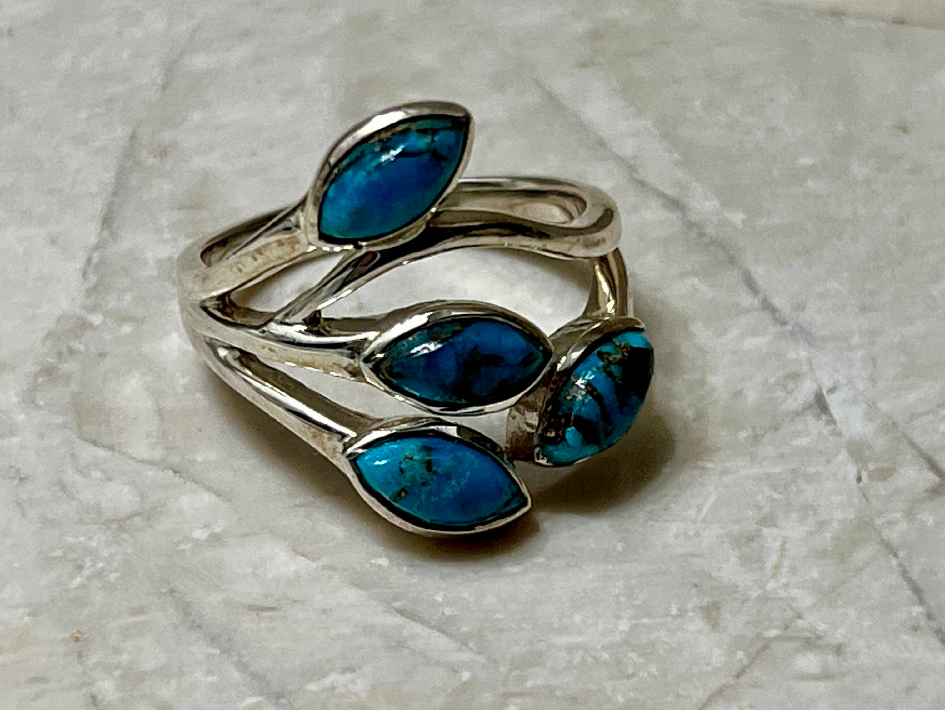 Four Stone Blue Copper Turquoise Sterling Silver Ring Size 9