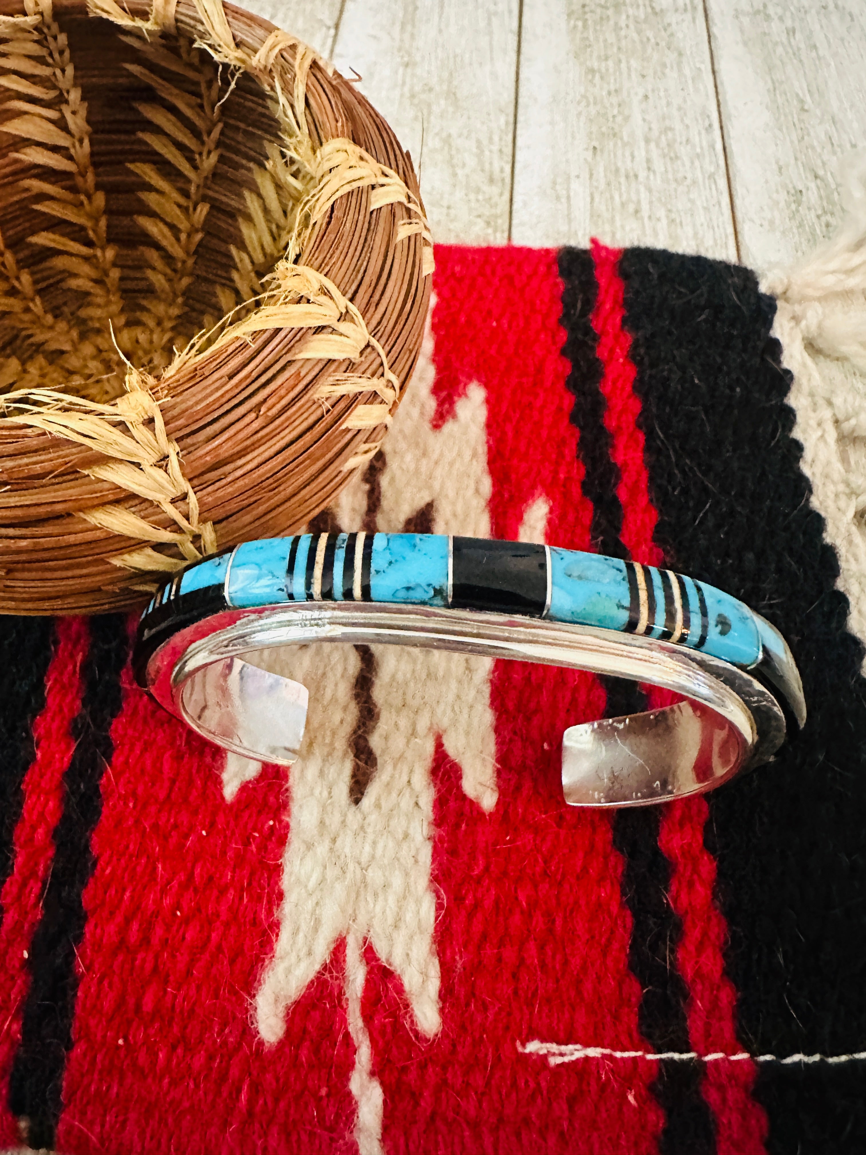 Handcrafted Multi Stone & Sterling Silver Inlay Cuff Bracelet by Ray Jack