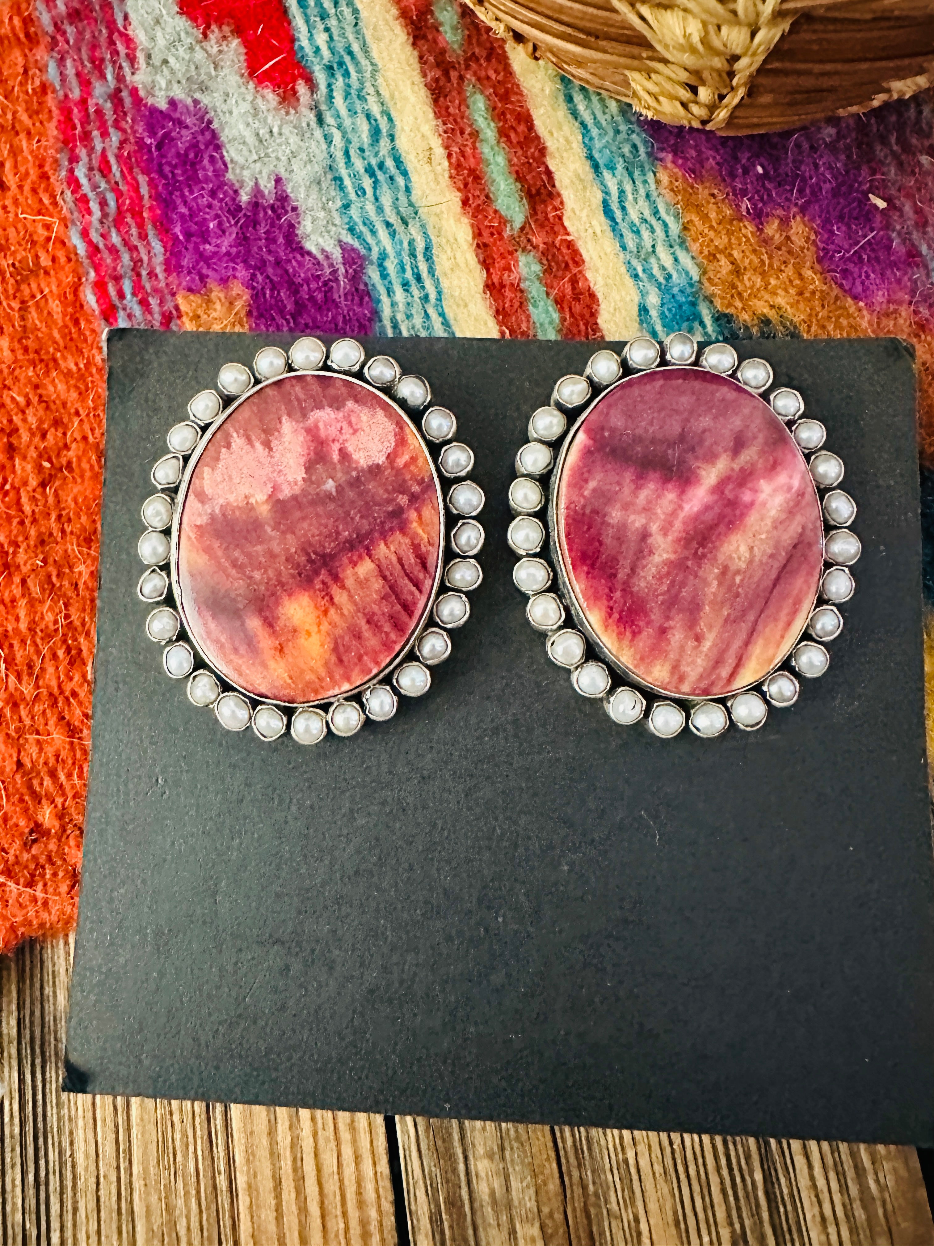 Handcrafted Spiny Oyster, Mother of Pearl & Sterling Silver Clip On Earrings by Federico Jimenez