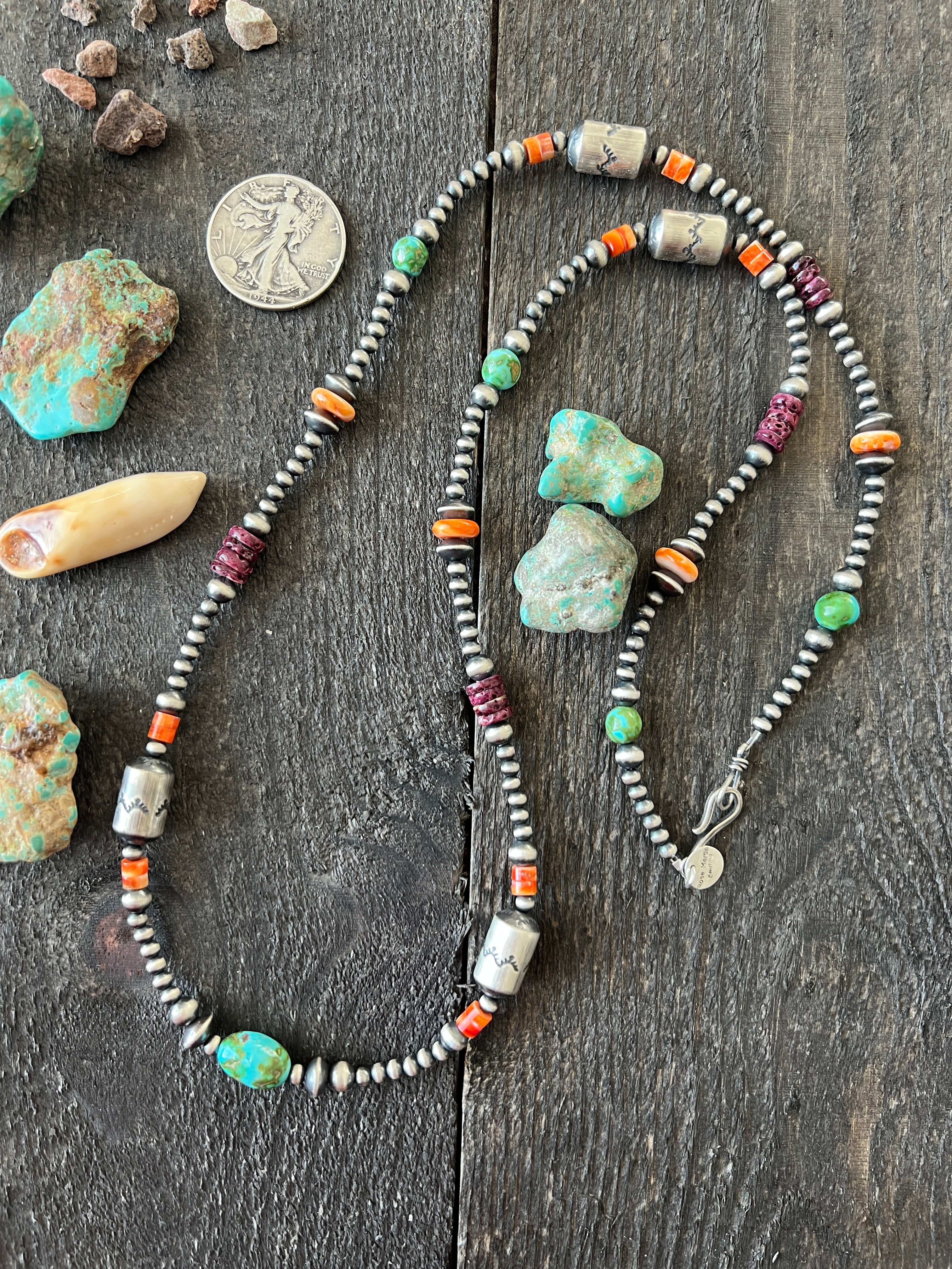 Handcrafted Electric Rainbow Sterling Silver, Turquoise and Spiny Oyster Single Strand Beaded Necklace by Rose Martin, 34 inches