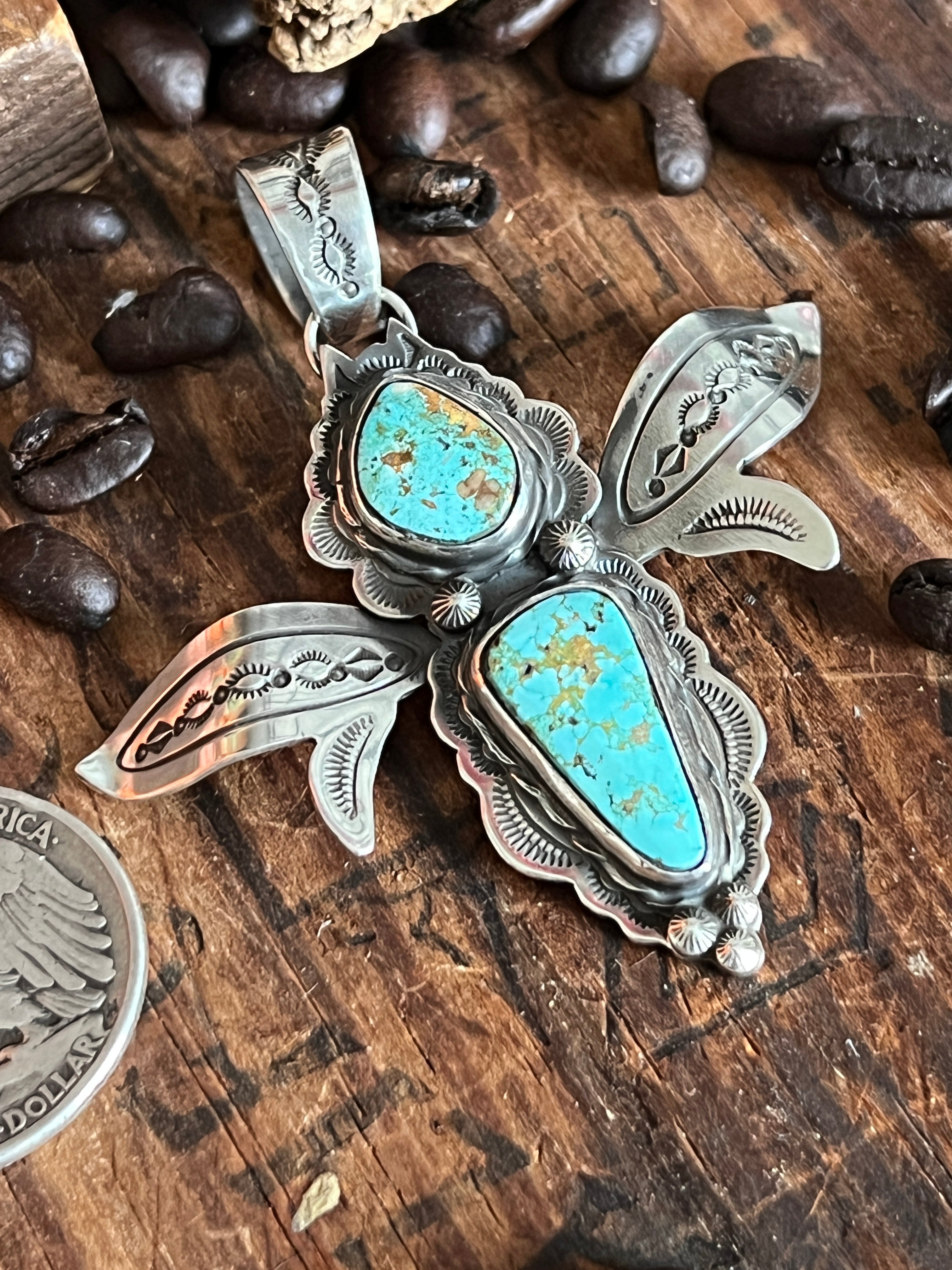 Sterling Silver and Turquoise Winged Bug Pendant by Kimari Somers