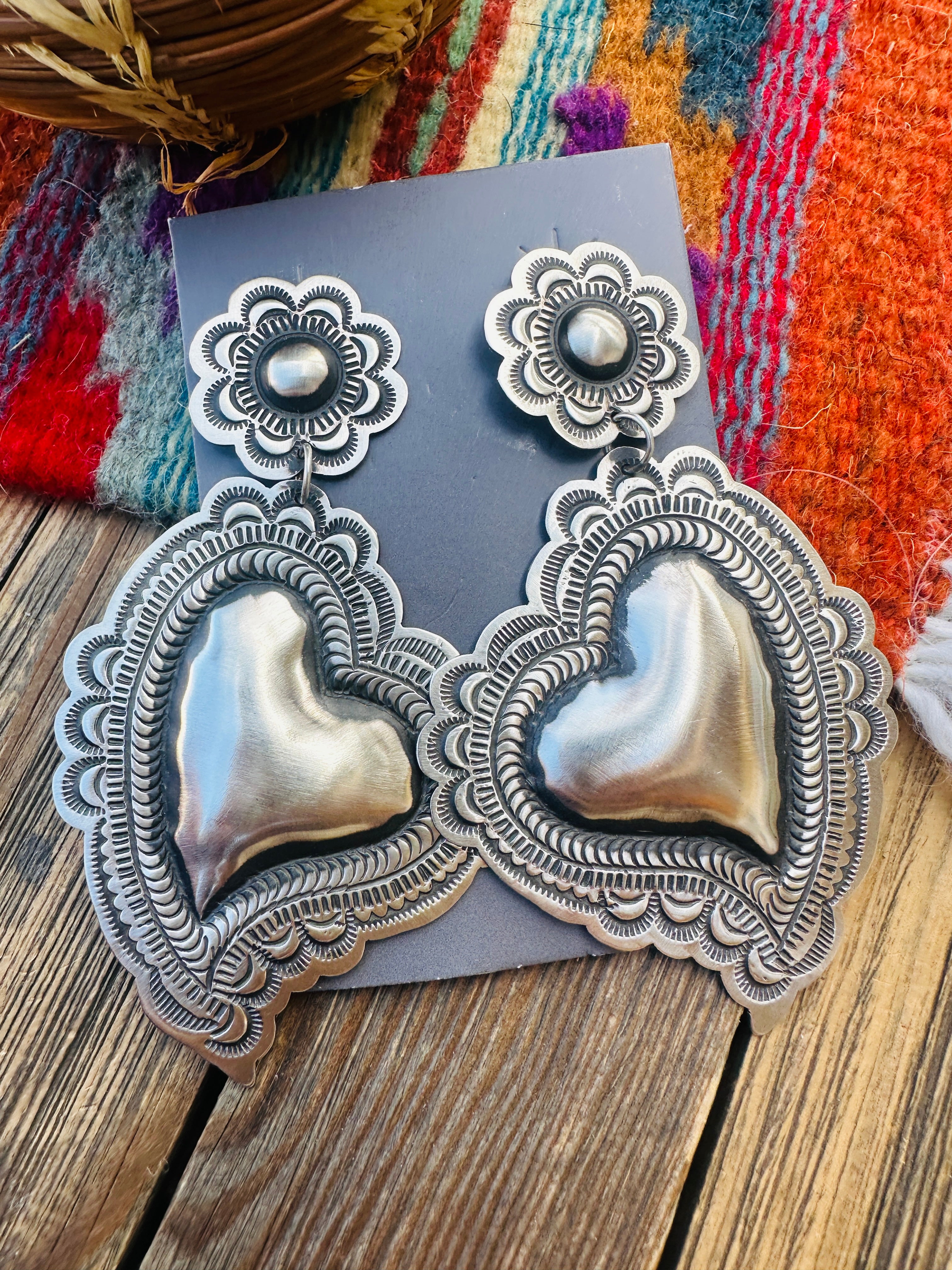 Handcrafted Sterling Silver Concho Heart Dangle Earrings by Leander Tahe