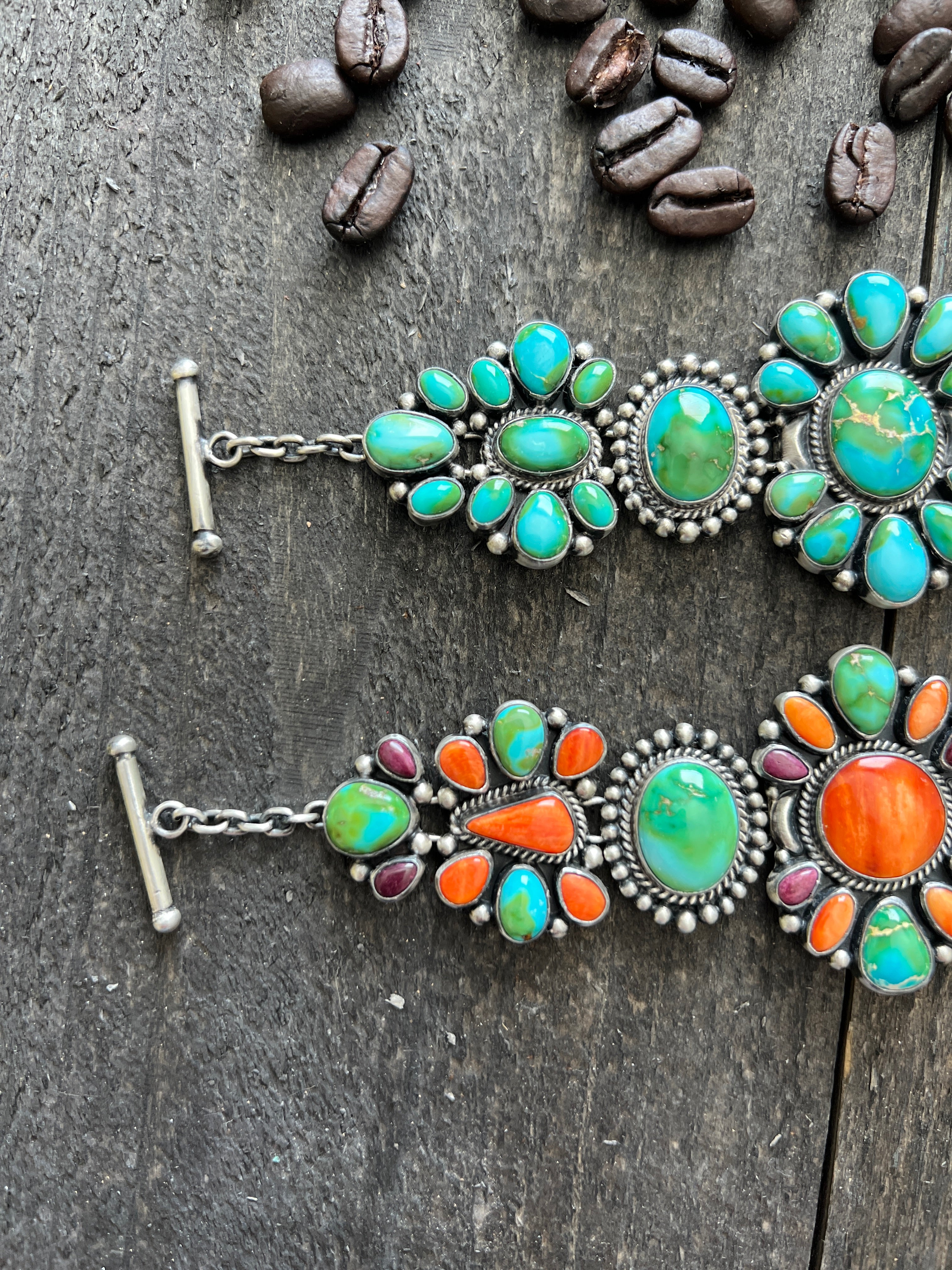 Stunning Sterling Silver, Sonoran Mountain Turquoise and Spiny Oyster Shell Cluster Link Bracelets by Diane Wylie