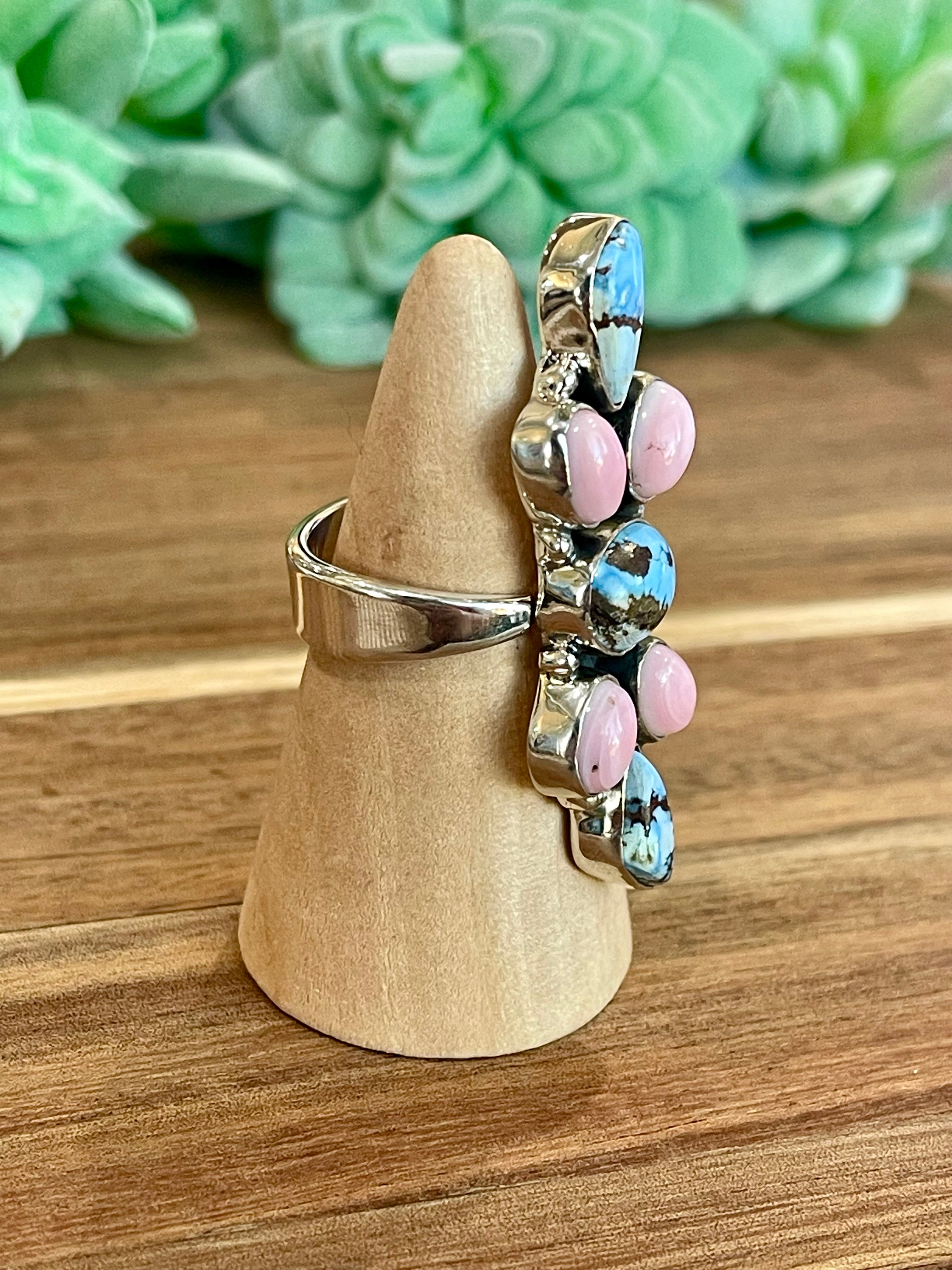 Beautiful Handmade Golden Hills Turquoise, Pink Conch And Sterling Silver Adjustable Ring