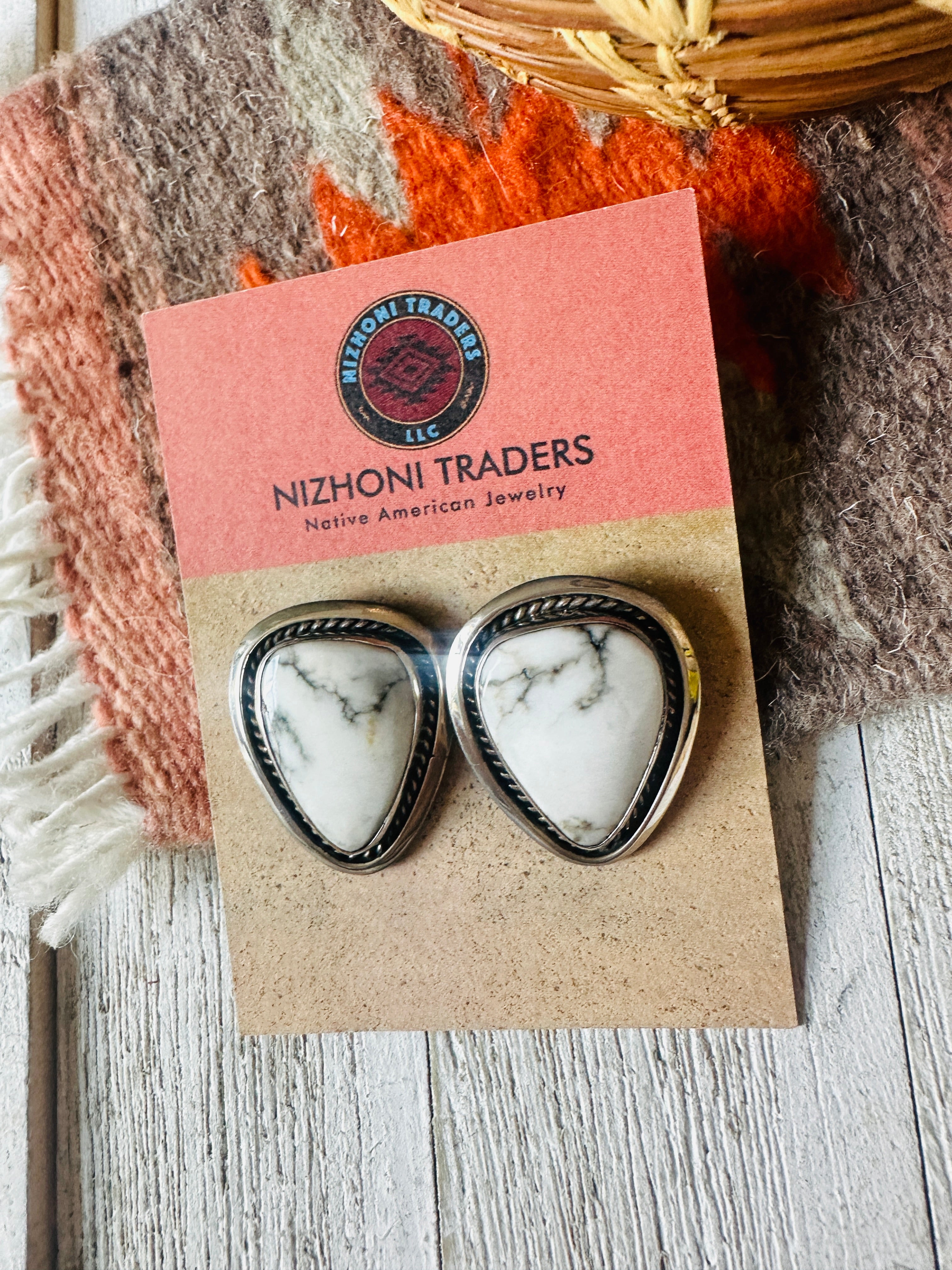 Navajo White Buffalo & Sterling Silver Post Earrings