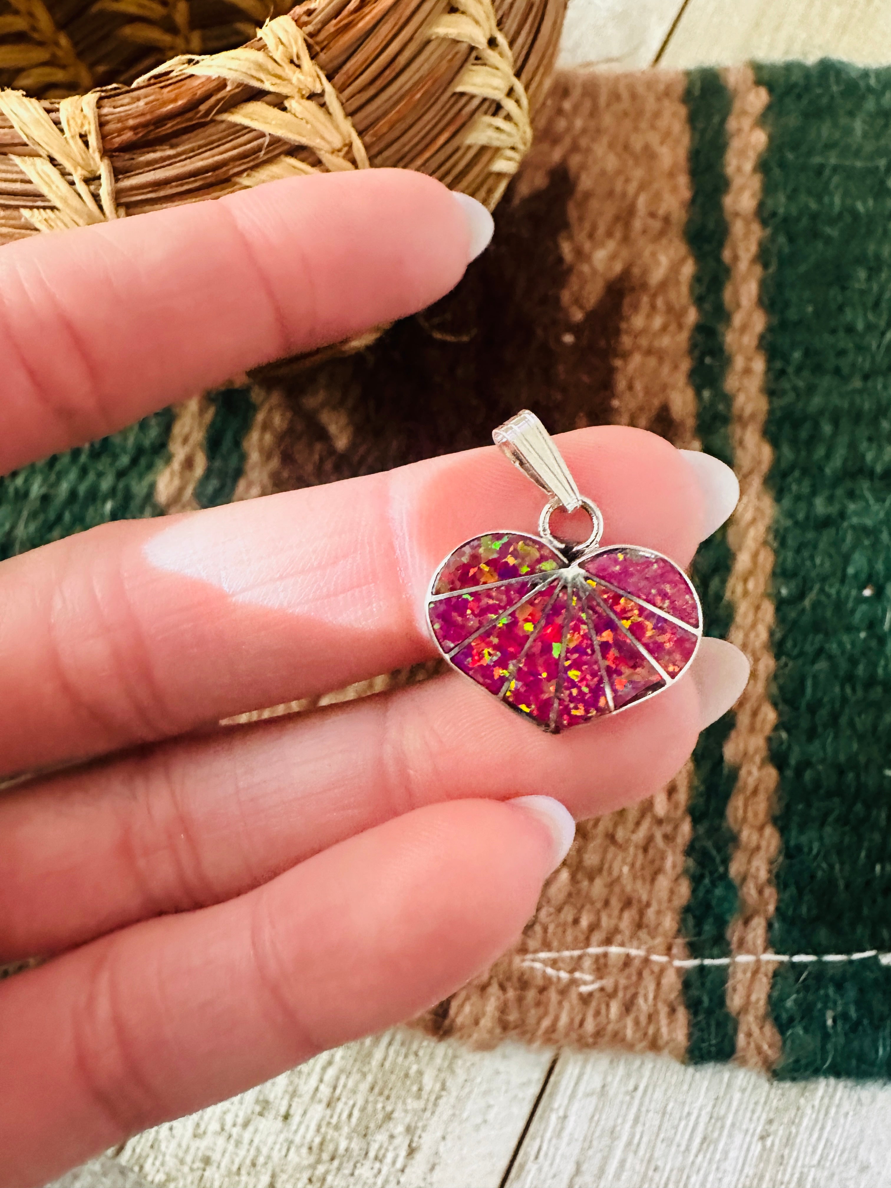 Handcrafted Hot Pink Opal & Sterling Silver Inlay Heart Pendant