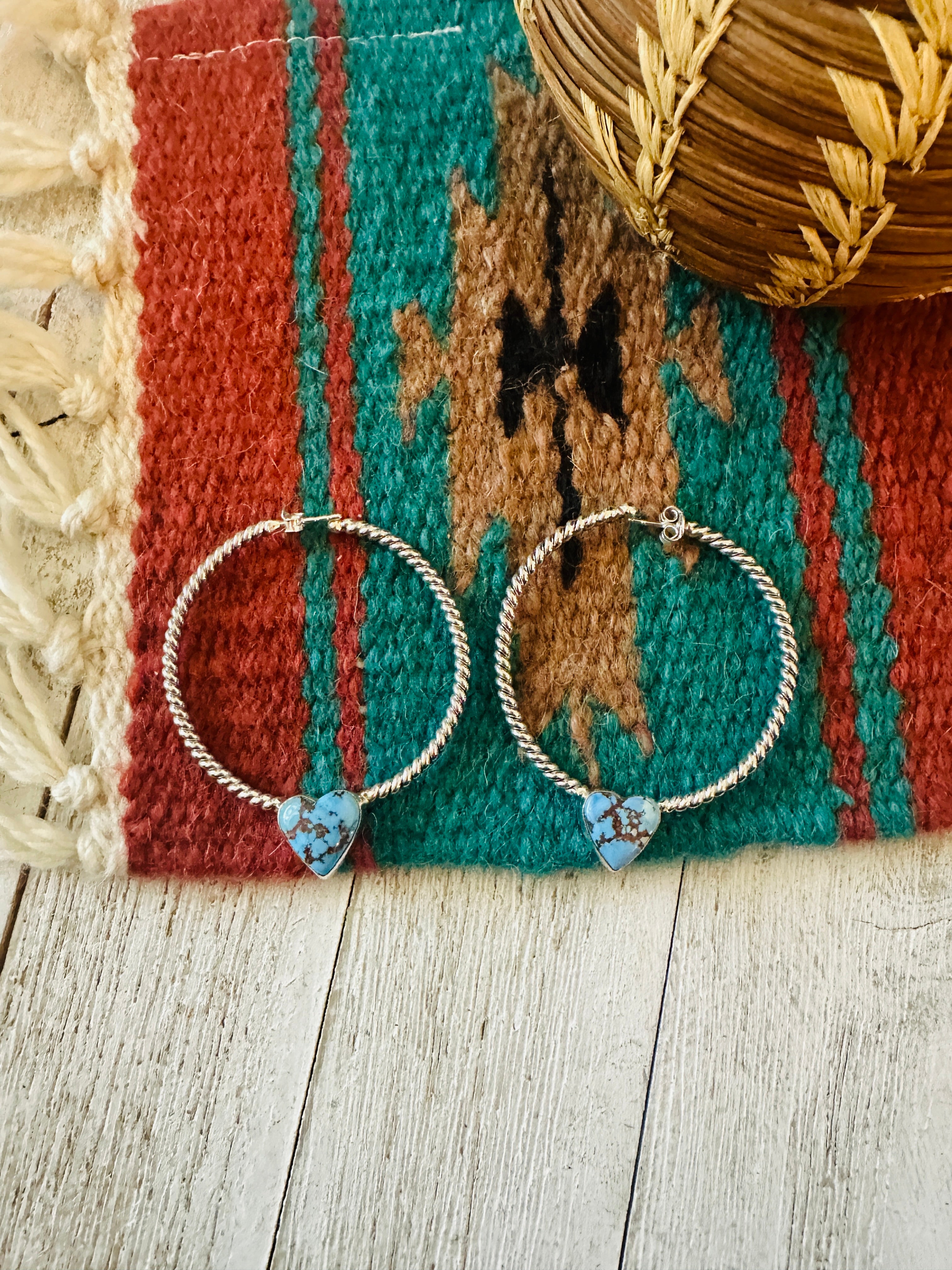 Handmade Golden Hills Turquoise & Sterling Silver Hoop Earrings Signed Nizhoni