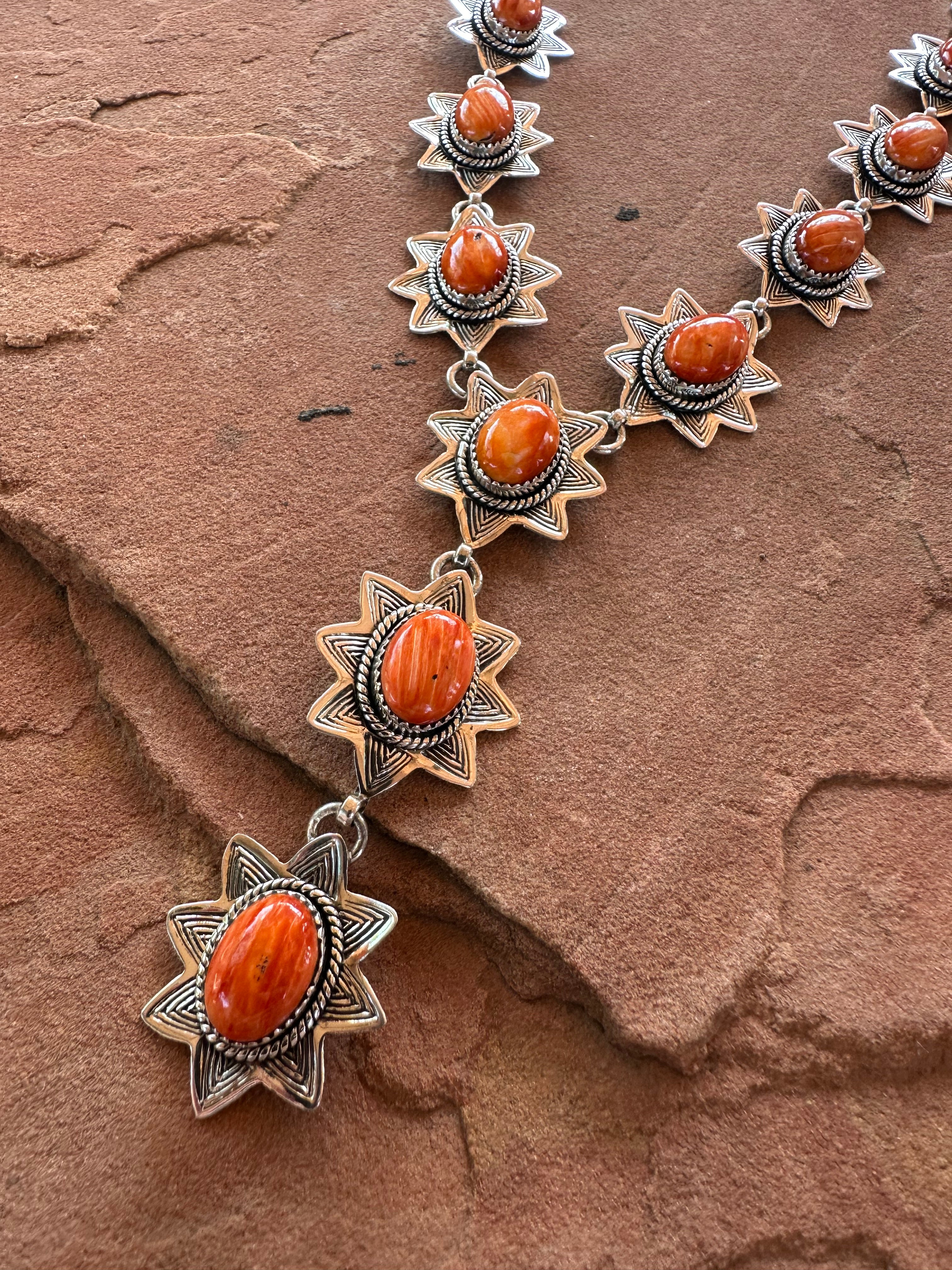 Beautiful Handmade Sterling Silver & Orange Spiny Lariat Necklace