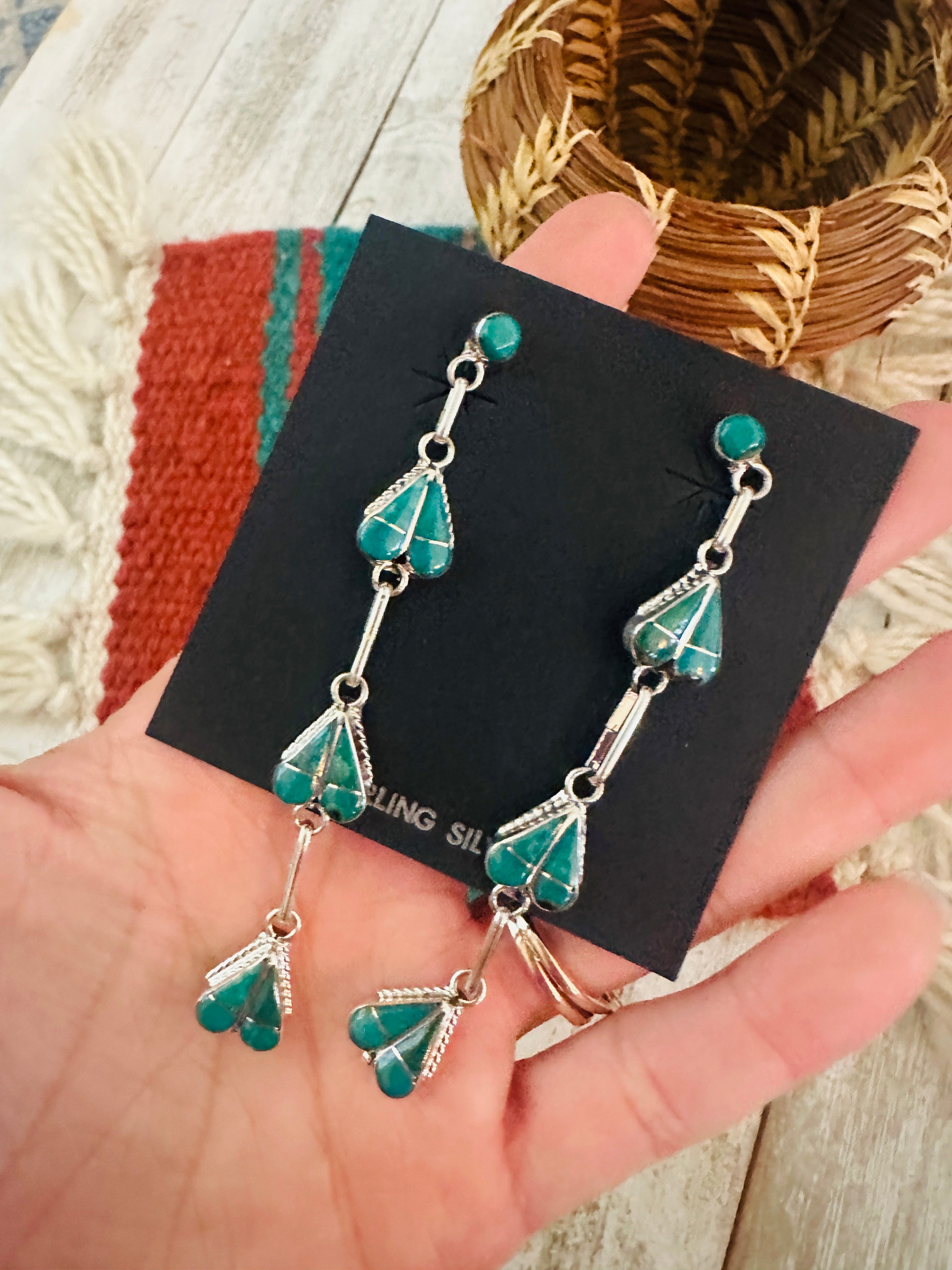 Zuni Sterling Silver & Turquoise Inlay Heart Dangle Earrings