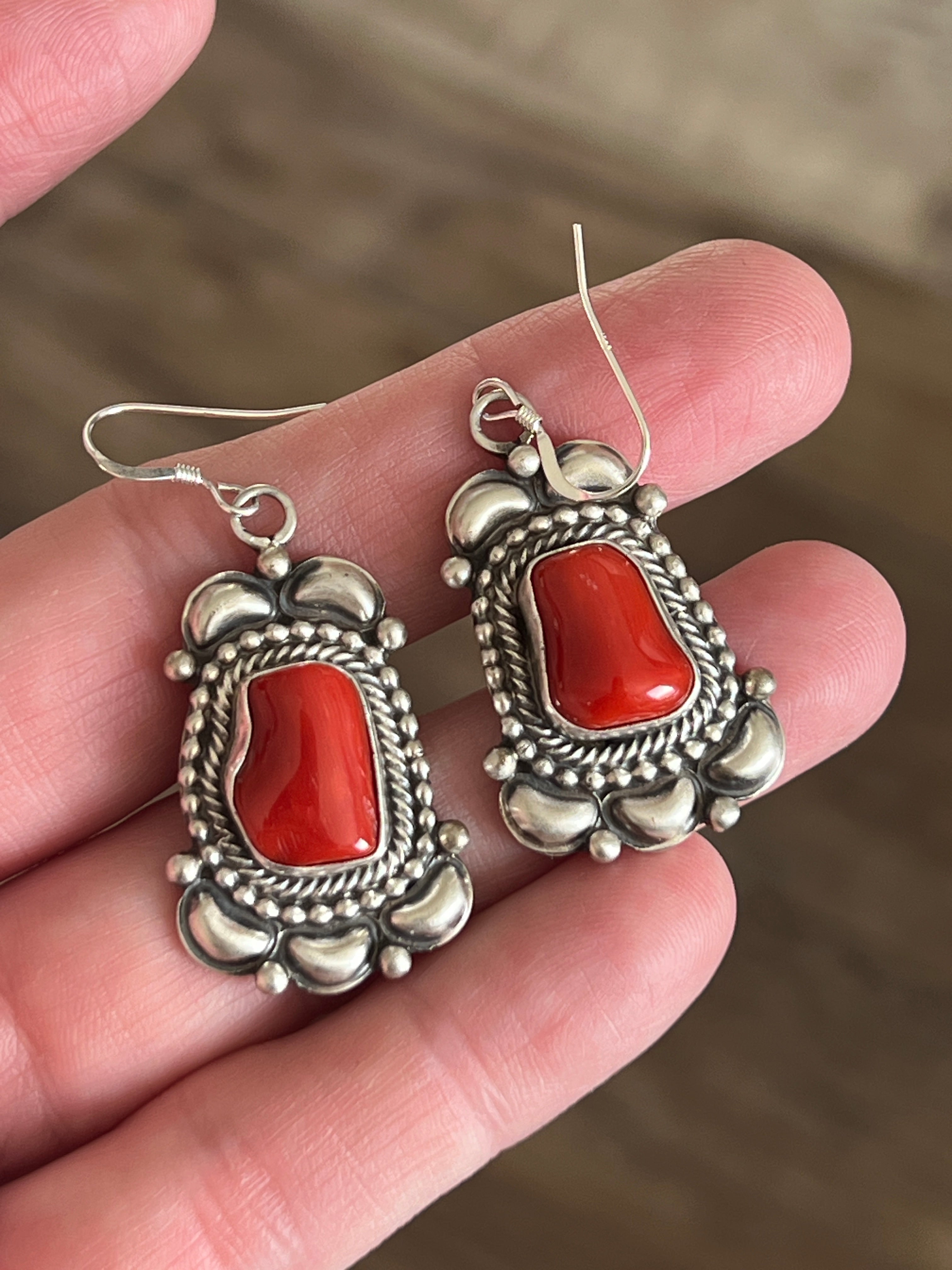 Navajo Sterling Silver, Mediterranean Coral and Sleeping Beauty Turquoise Necklace with Matching Earrings by Tom Lewis