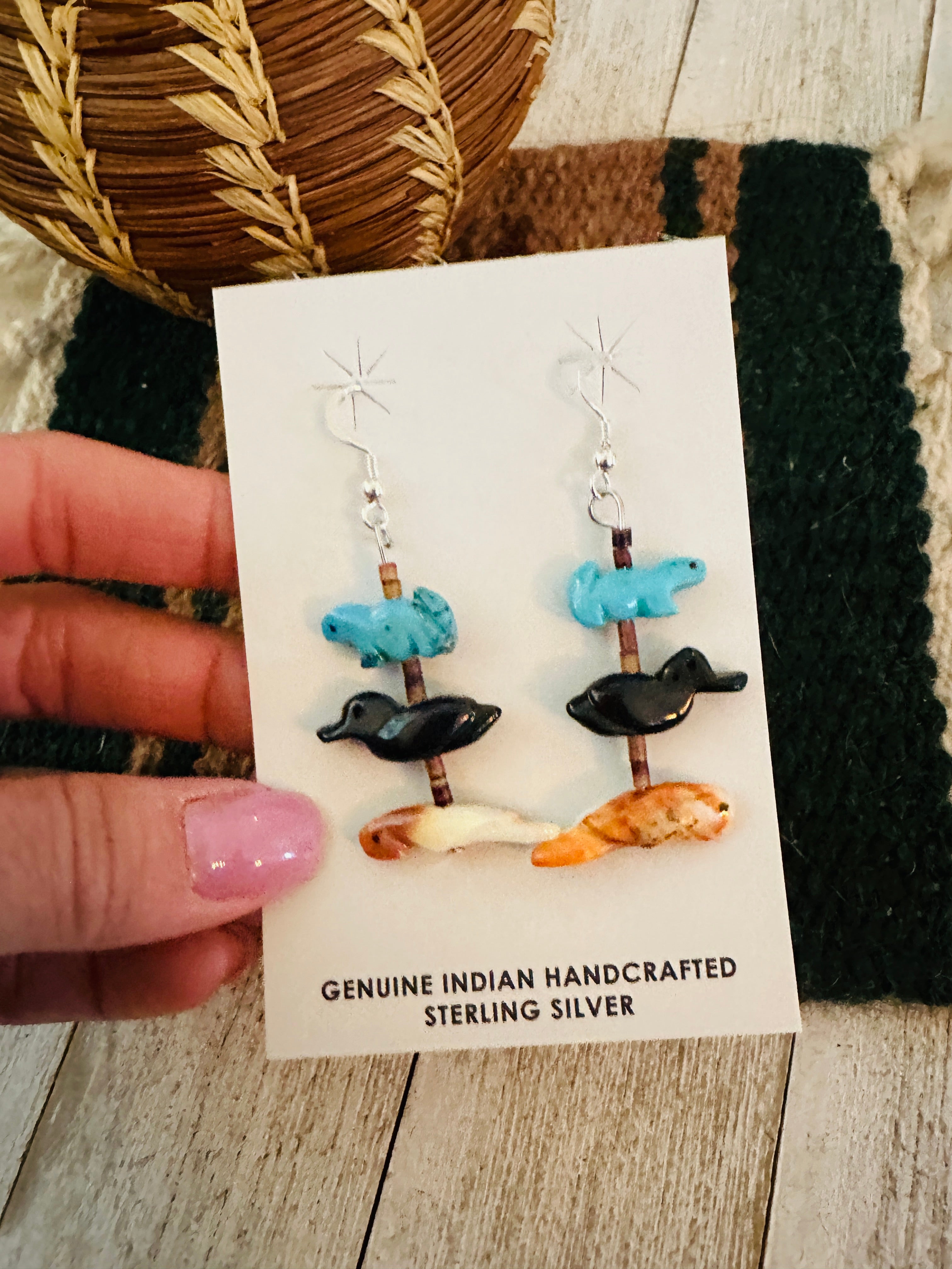 Zuni Multi Stone Beaded Fetish Dangle Earrings