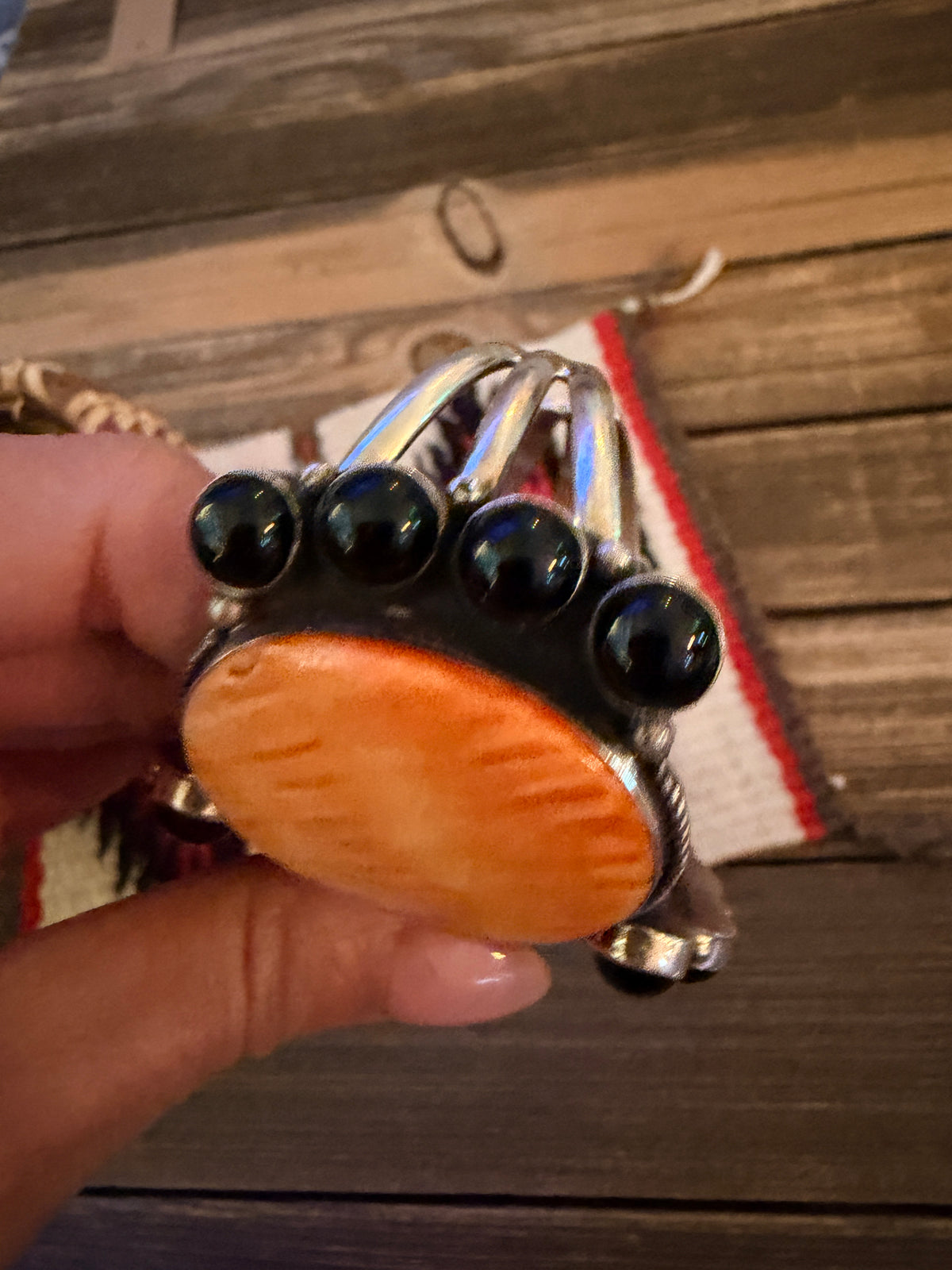 Handcrafted Orange Spiny, Onyx & Sterling Silver Cuff Bracelet by Lorenzo Arviso Jr.