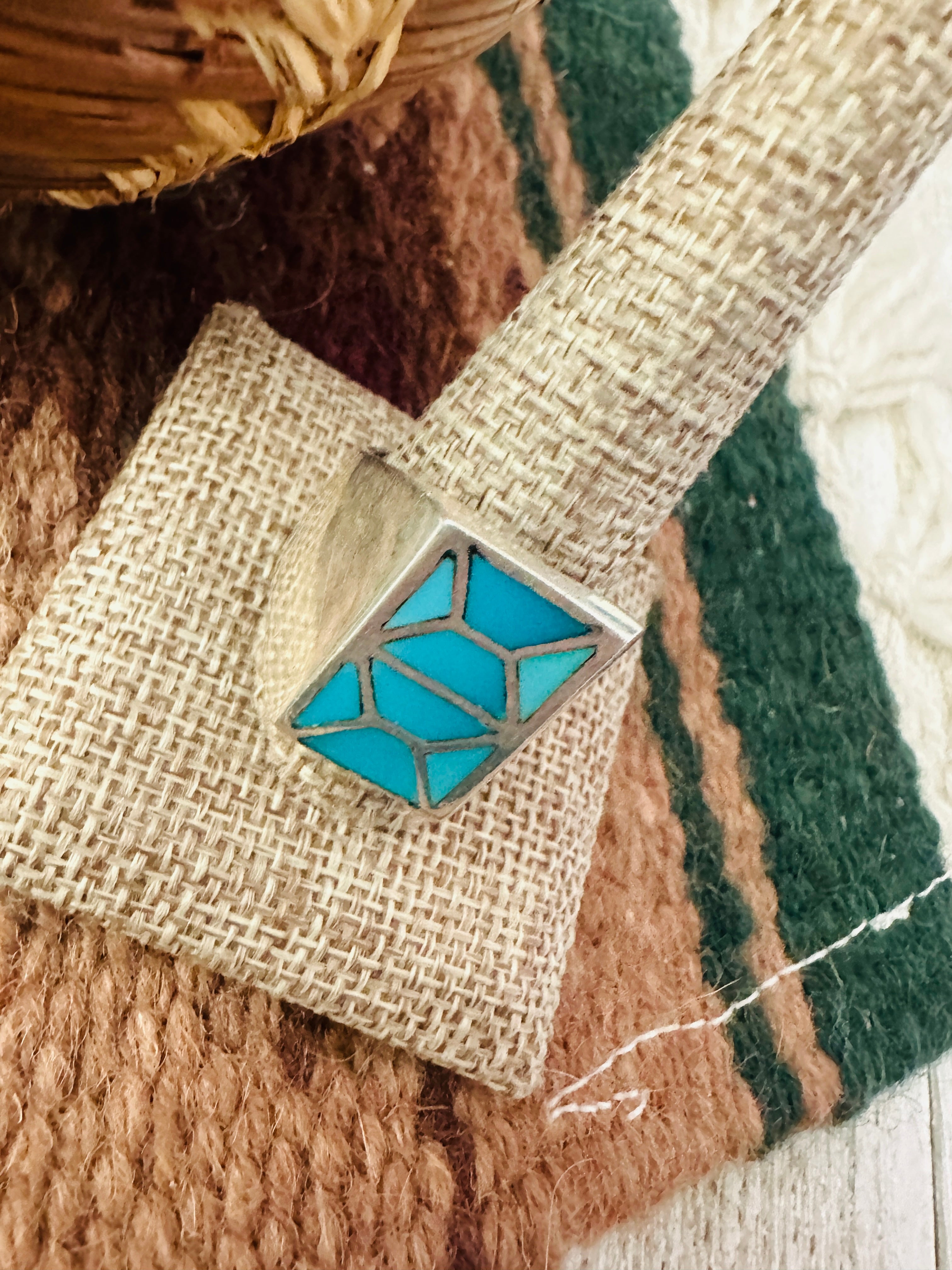 Old Pawn Handcrafted Turquoise & Sterling Silver Inlay Ring Size 12.75