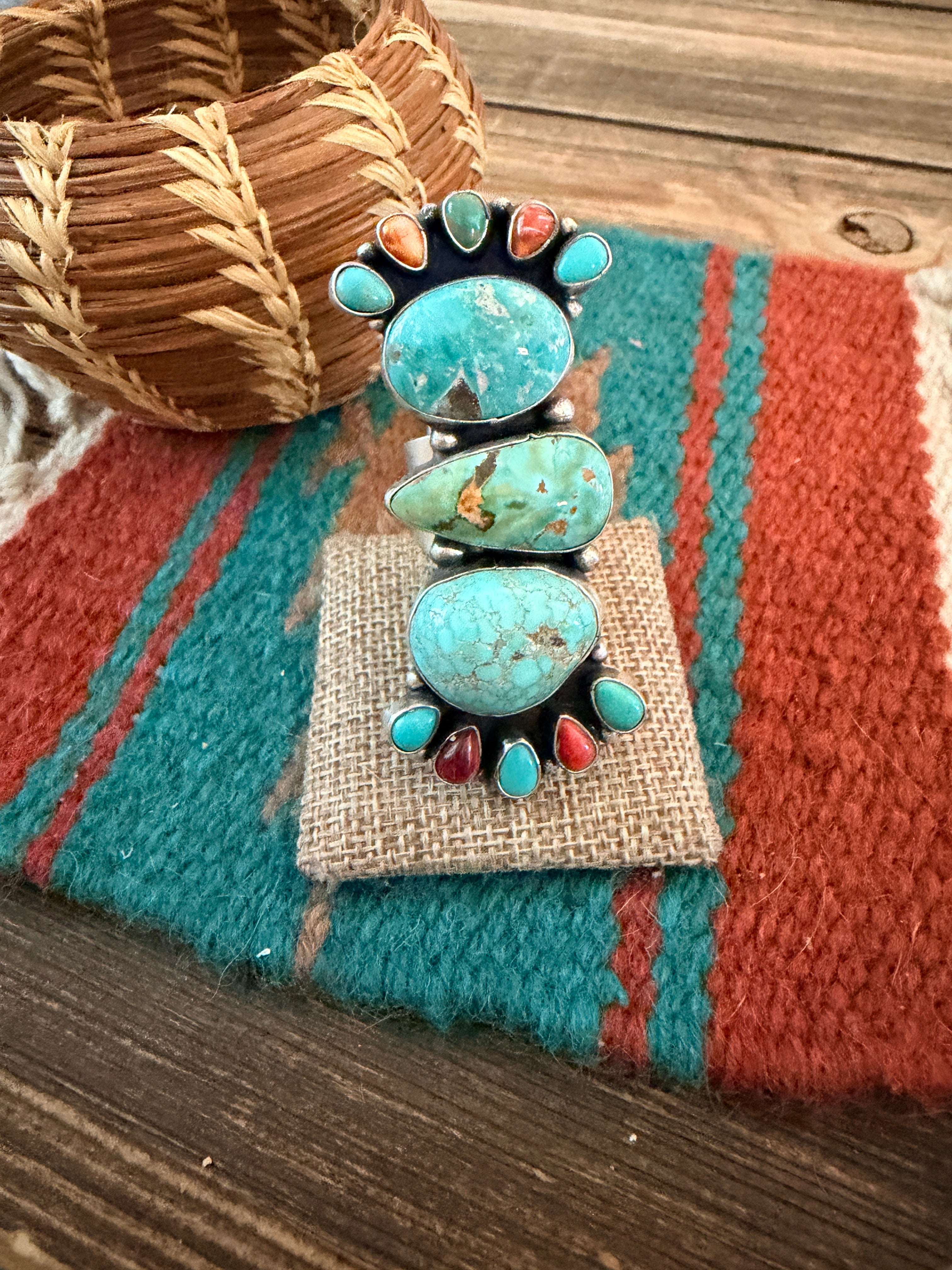 Handcrafted Spiny Oyster, Turquoise & Sterling Silver Cluster Ring by Sheila Becenti Size 9.5