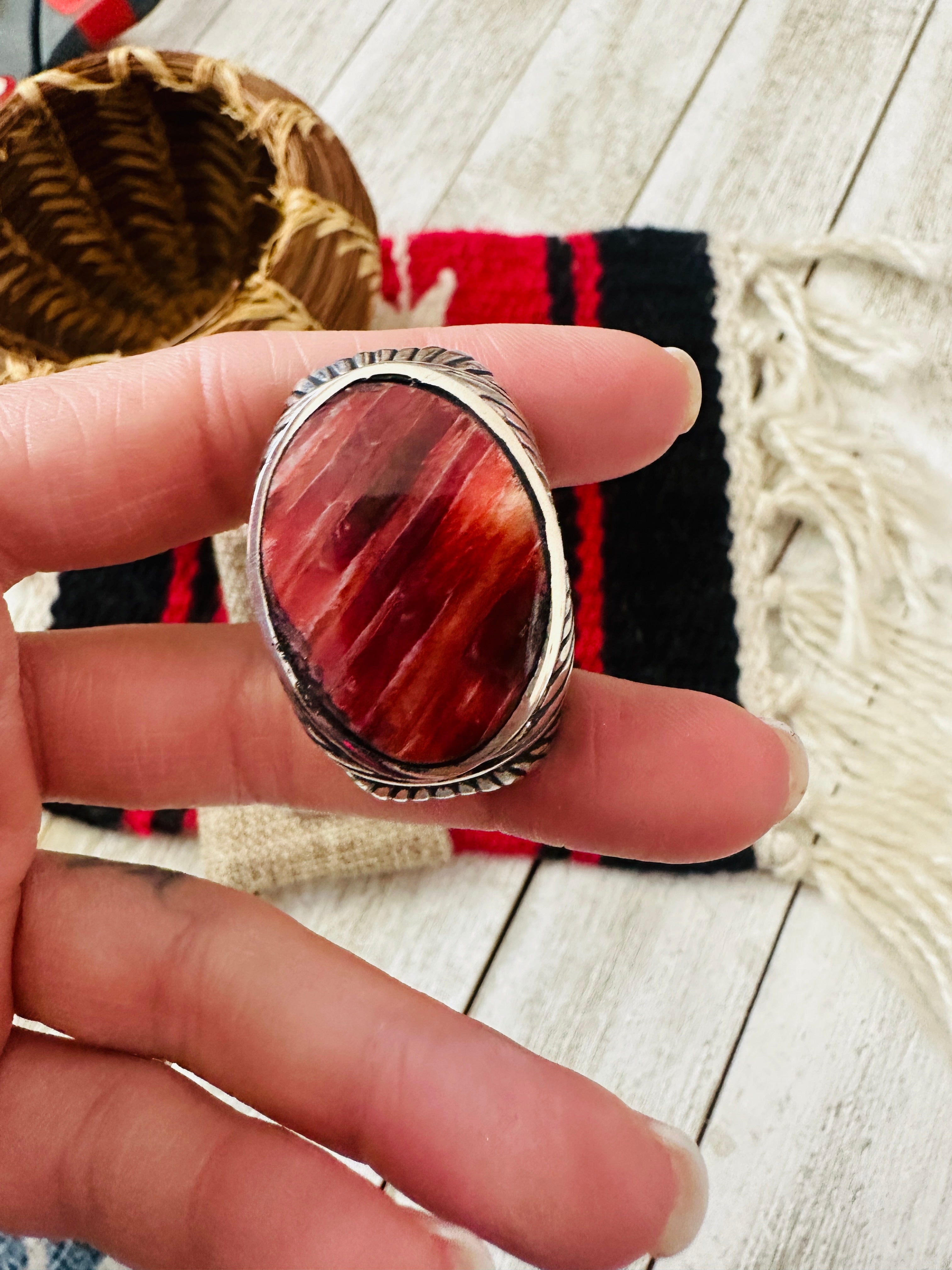 Old Pawn Navajo Sterling Silver & Red Spiny Men’s Ring Size 8.5