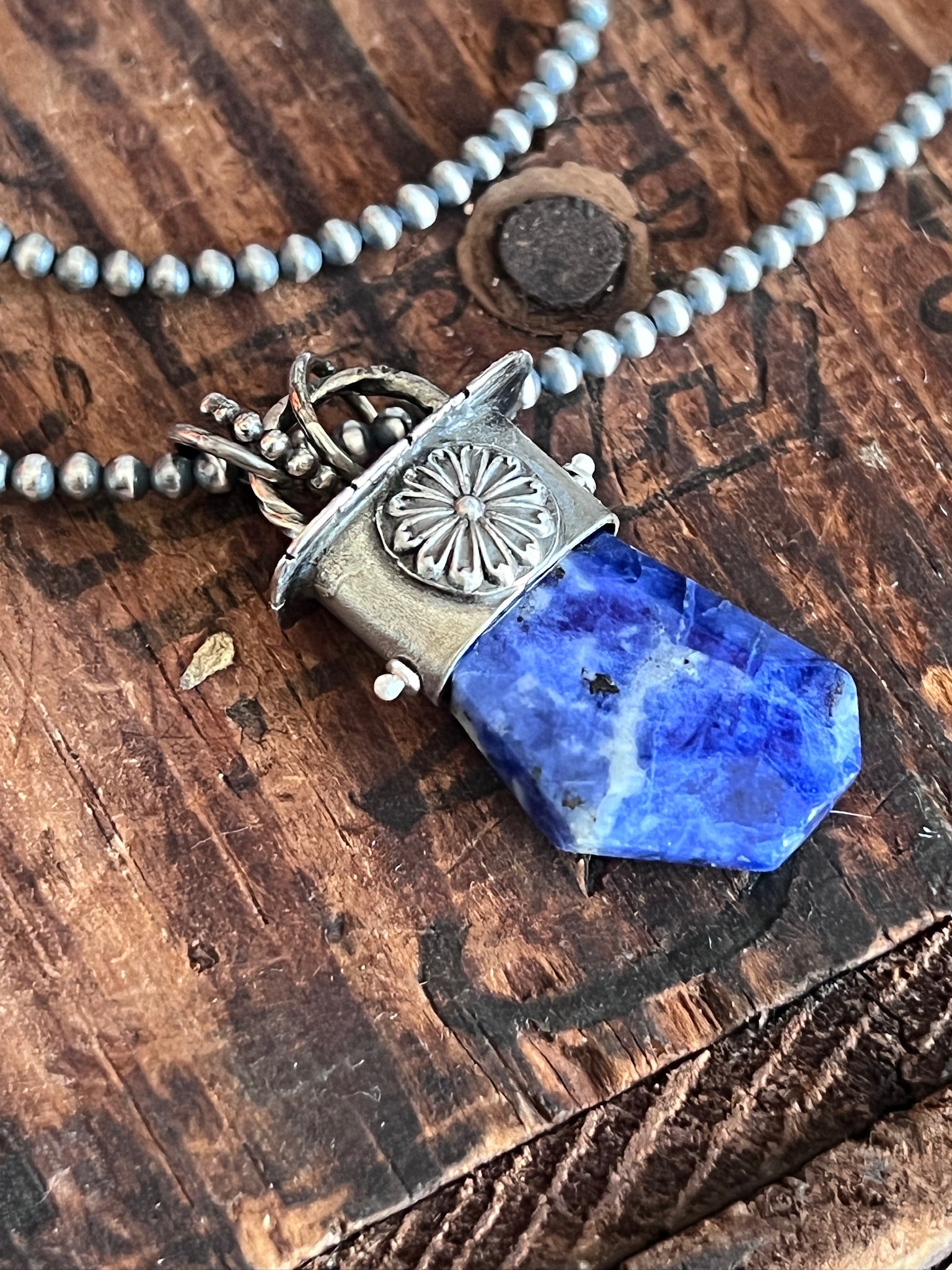 Sterling Silver Gem Collector 30” + 2” Beaded Necklace w/ Sodalite & Daisy Pendant