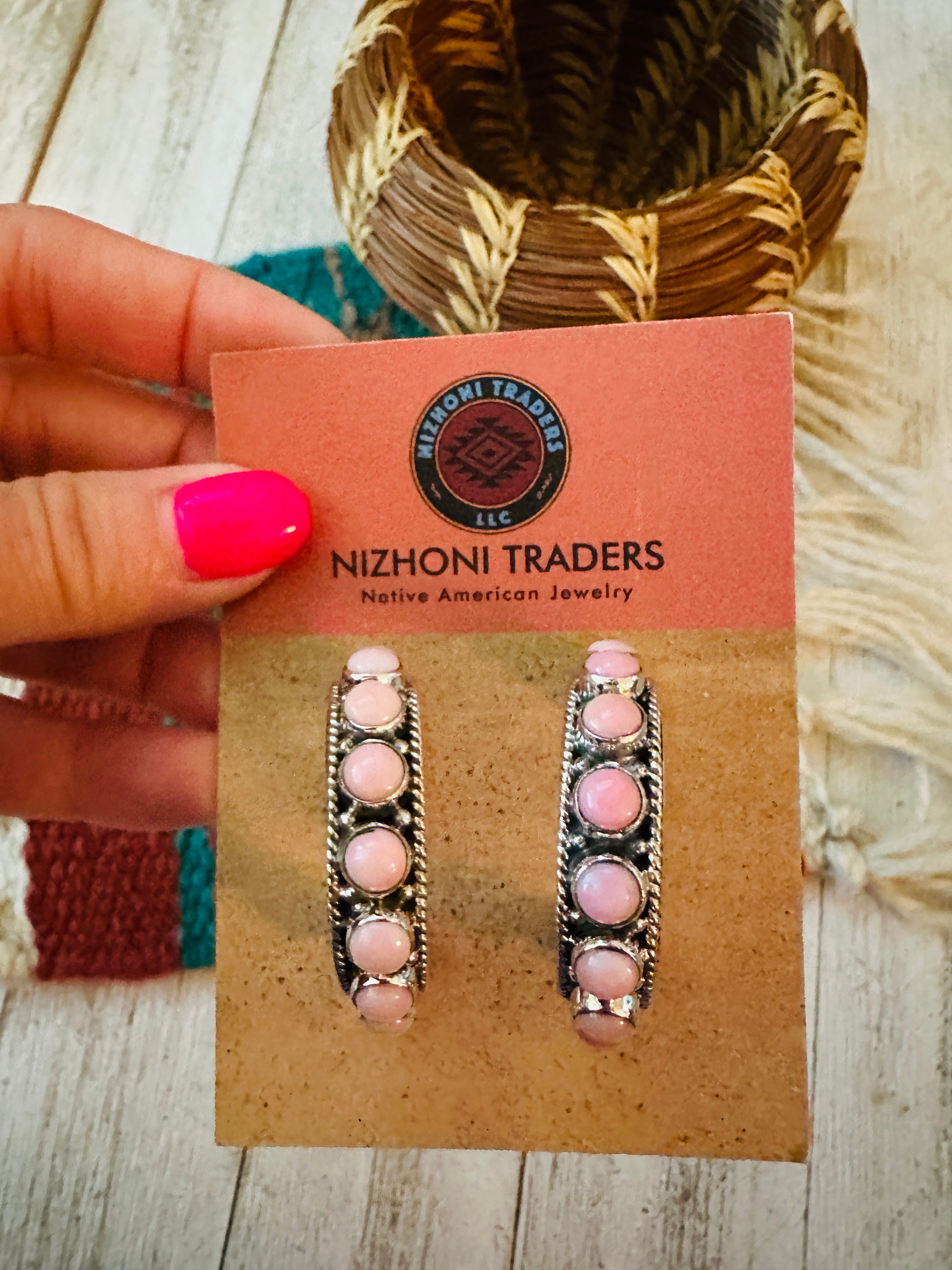 Navajo Sterling Silver & Queen Pink Conch Shell Hoop Earrings