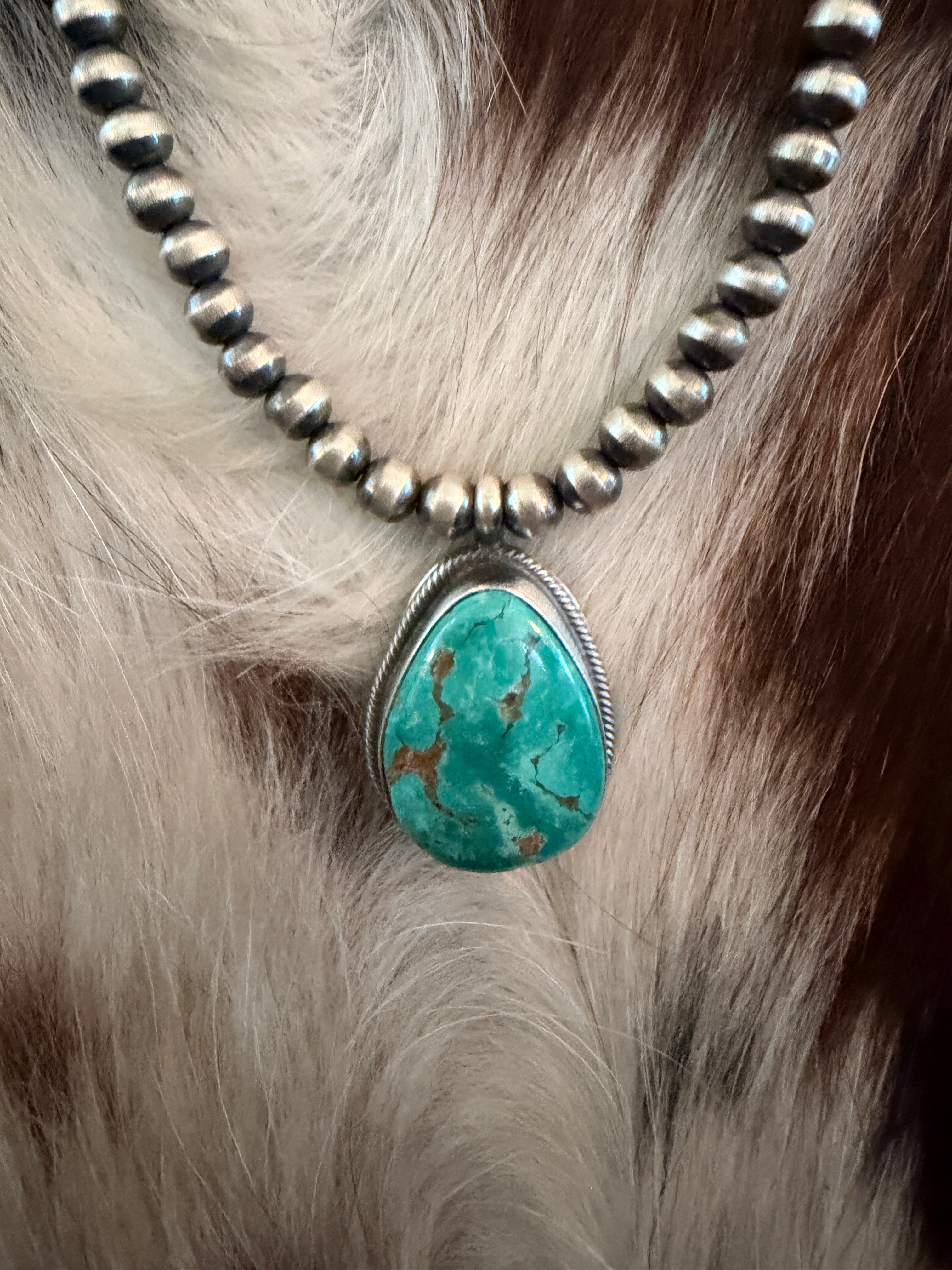 Handcrafted Turquoise & 5mm Sterling Silver Pearl 18” Beaded Necklace