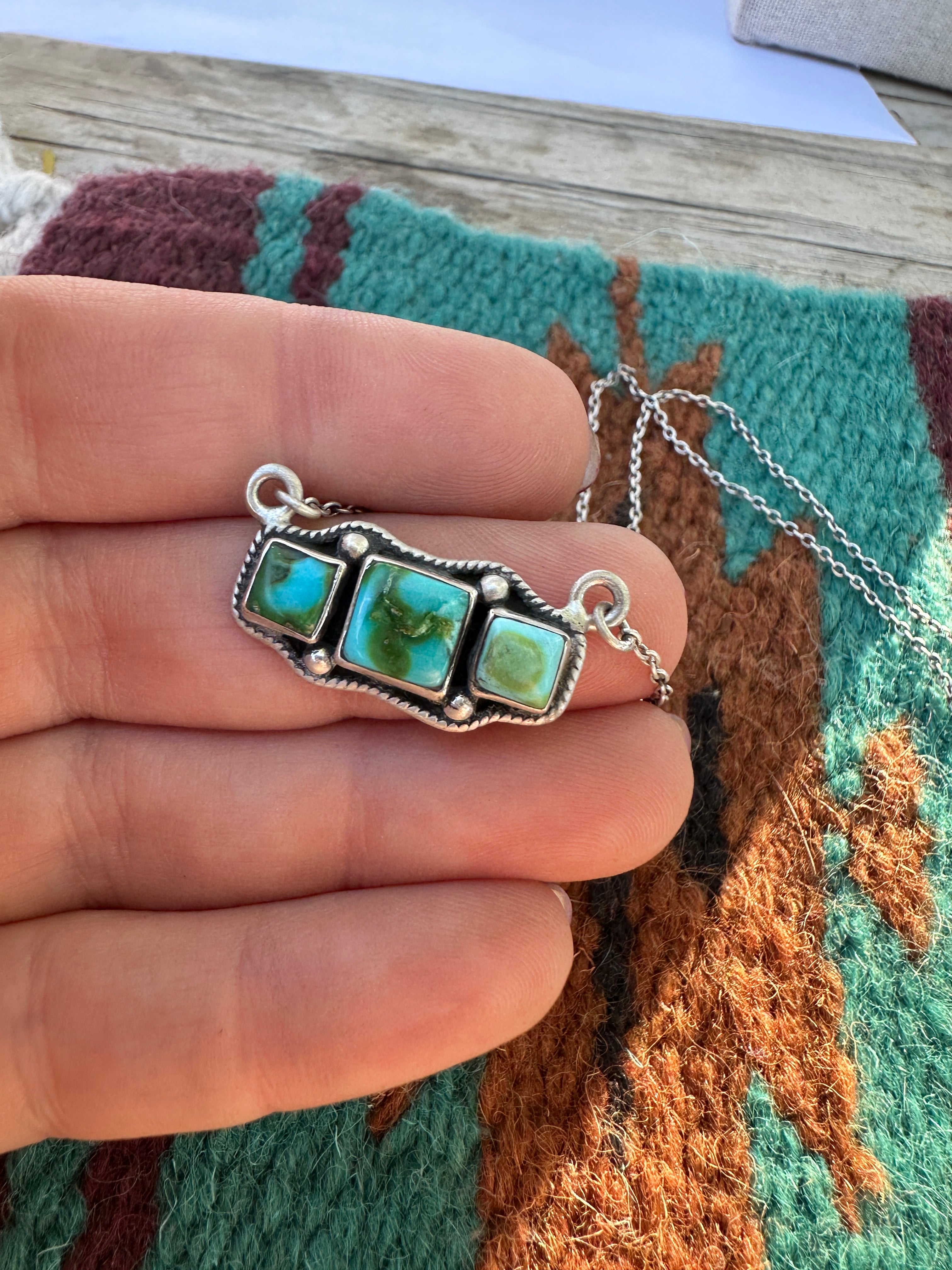 Beautiful Handmade Sterling Silver & Sonoran Mountain Turquoise 3 Stone Bar Necklace