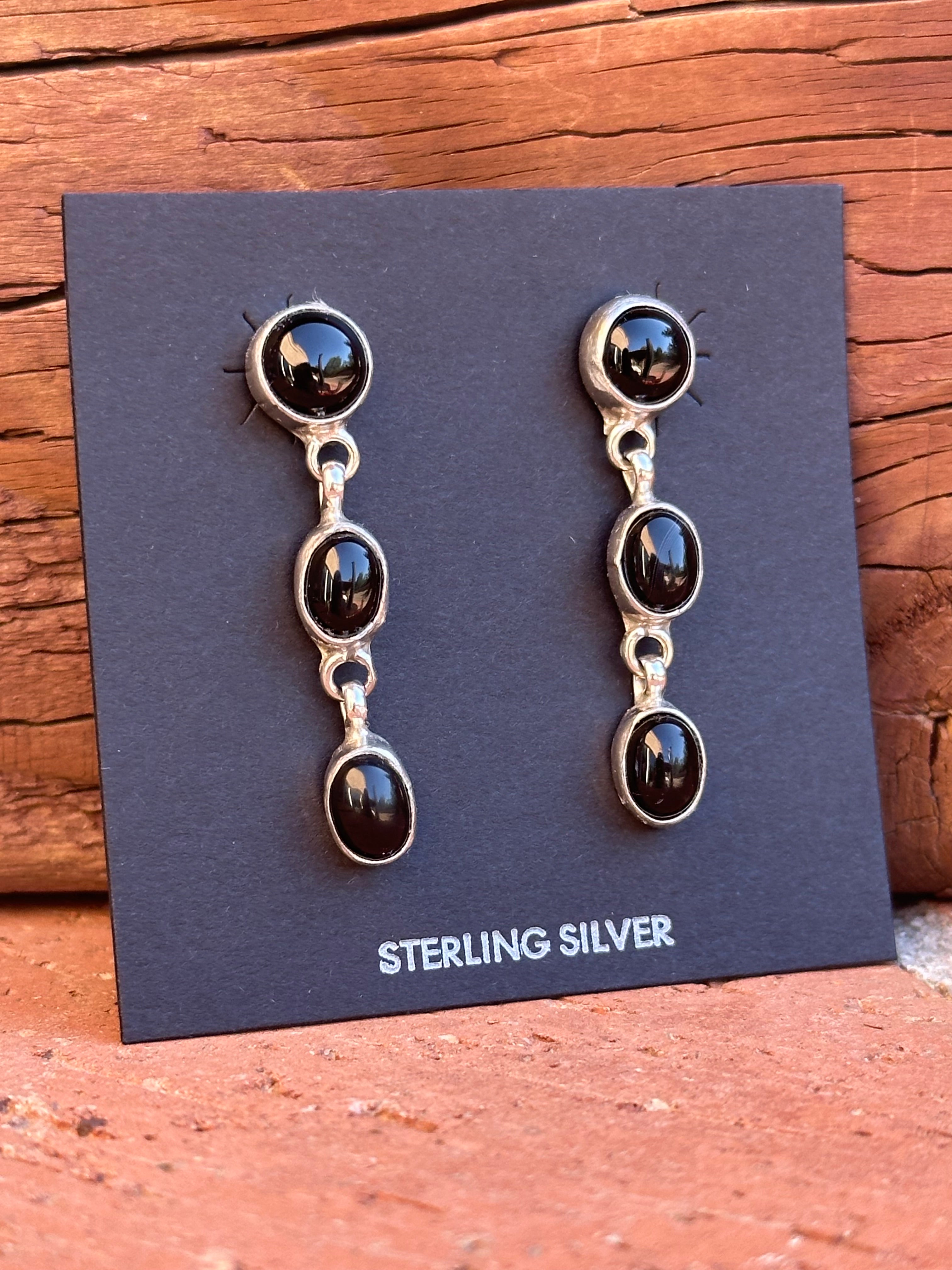 Navajo Made Black Onyx & Sterling Silver 3 Stone Dangle Earrings