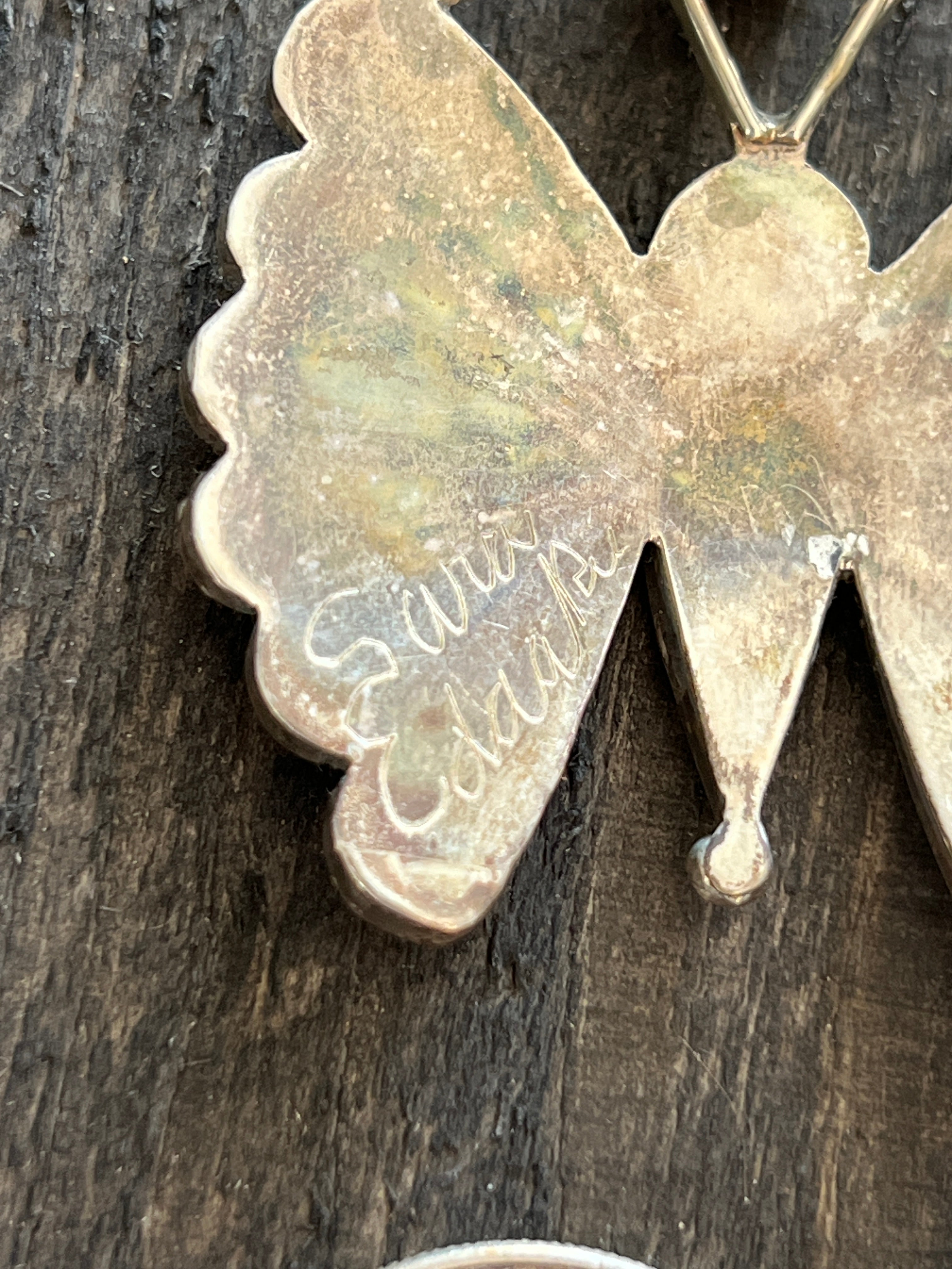 Vintage Handcrafted Sterling Silver, Turquoise, Spiny Oyster Shell and Jet Inlay Butterfly Pendant by Sara Edaakie