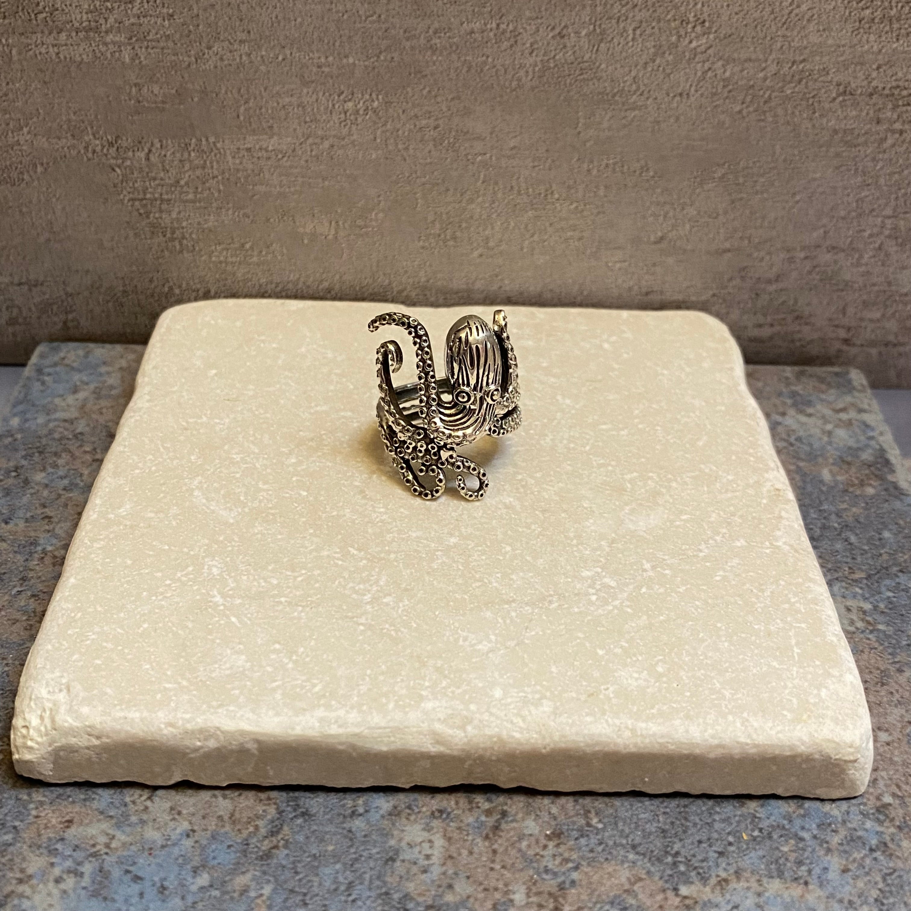 Sterling Silver Etched Octopus Ring