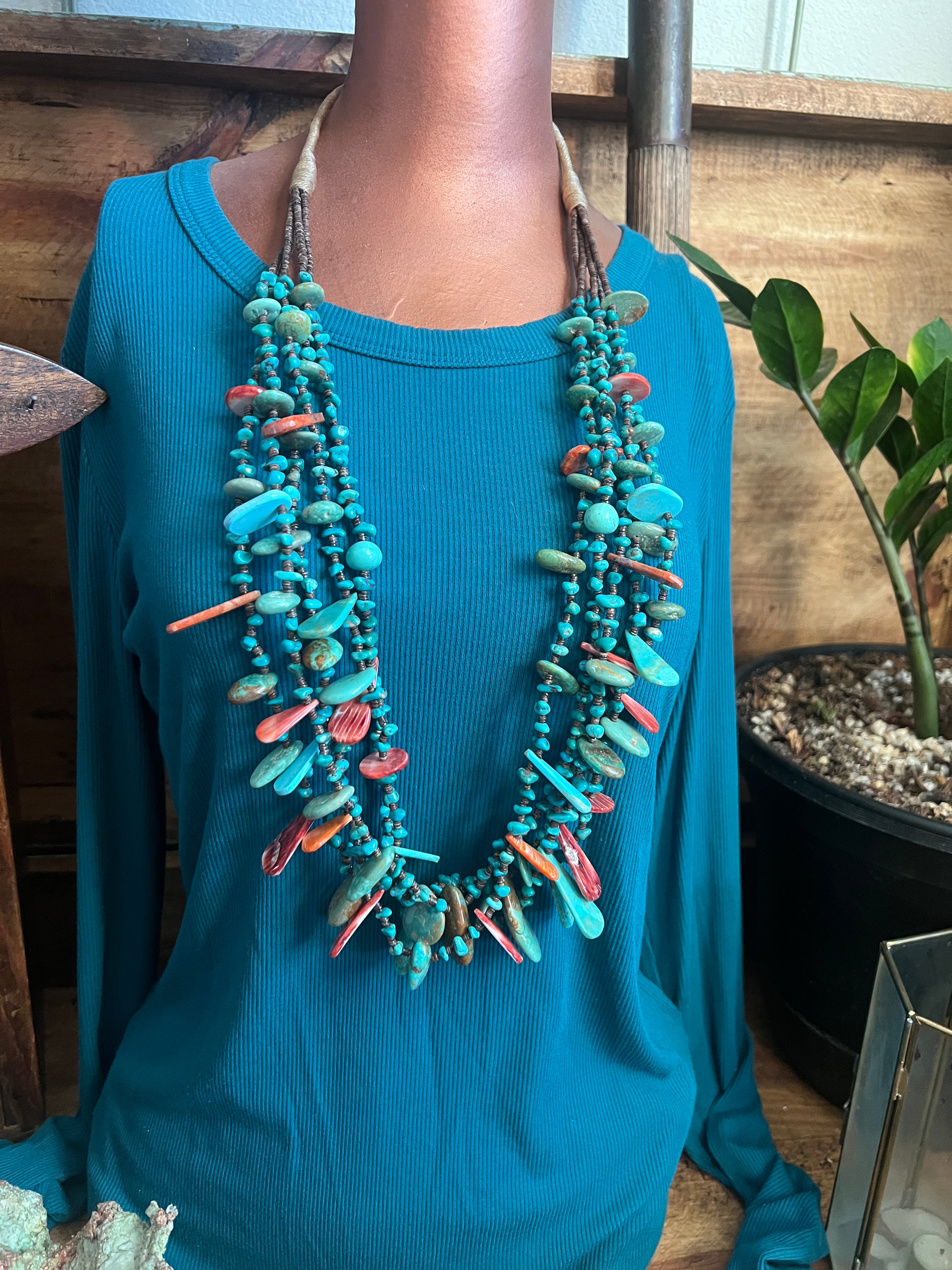 Gorgeous Handcrafted Five Strand Turquoise and Spiny Oyster Beaded Squaw Wrap Necklace with Tabs by Daniel Coriz