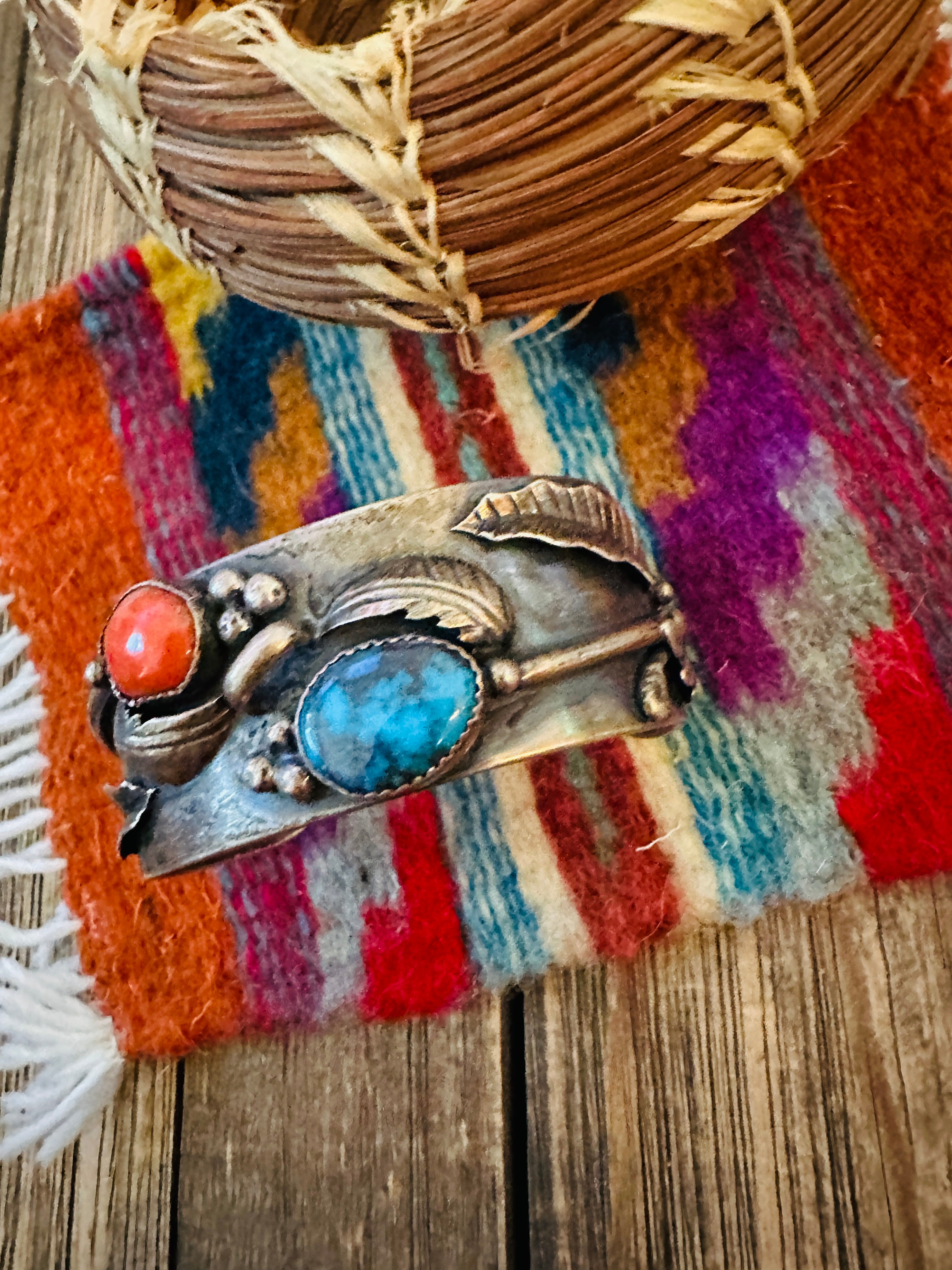 Handcrafted Old Pawn Sterling Silver, Turquoise & Coral Cuff Bracelet