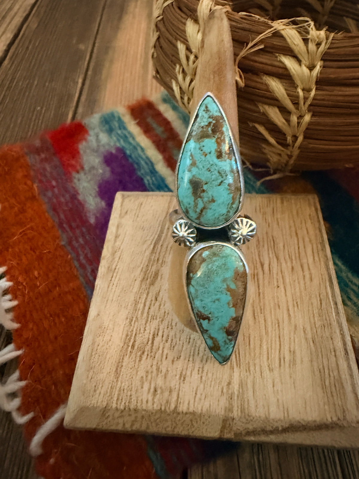 Handcrafted Number 8 Turquoise & Sterling Silver Cluster Adjustable Ring