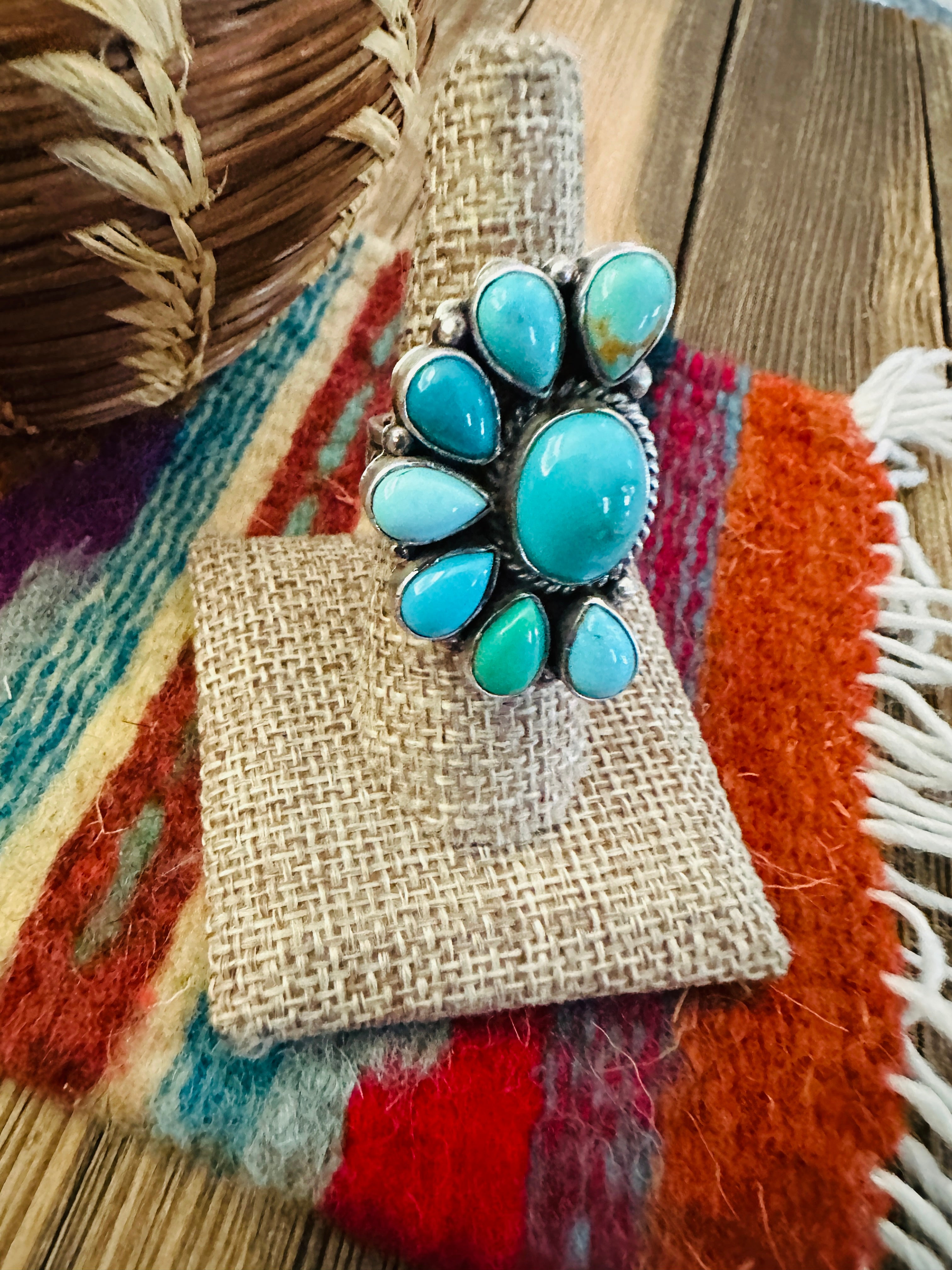 Handcrafted Turquoise & Sterling Silver Adjustable Cluster Ring by Elouise Richards