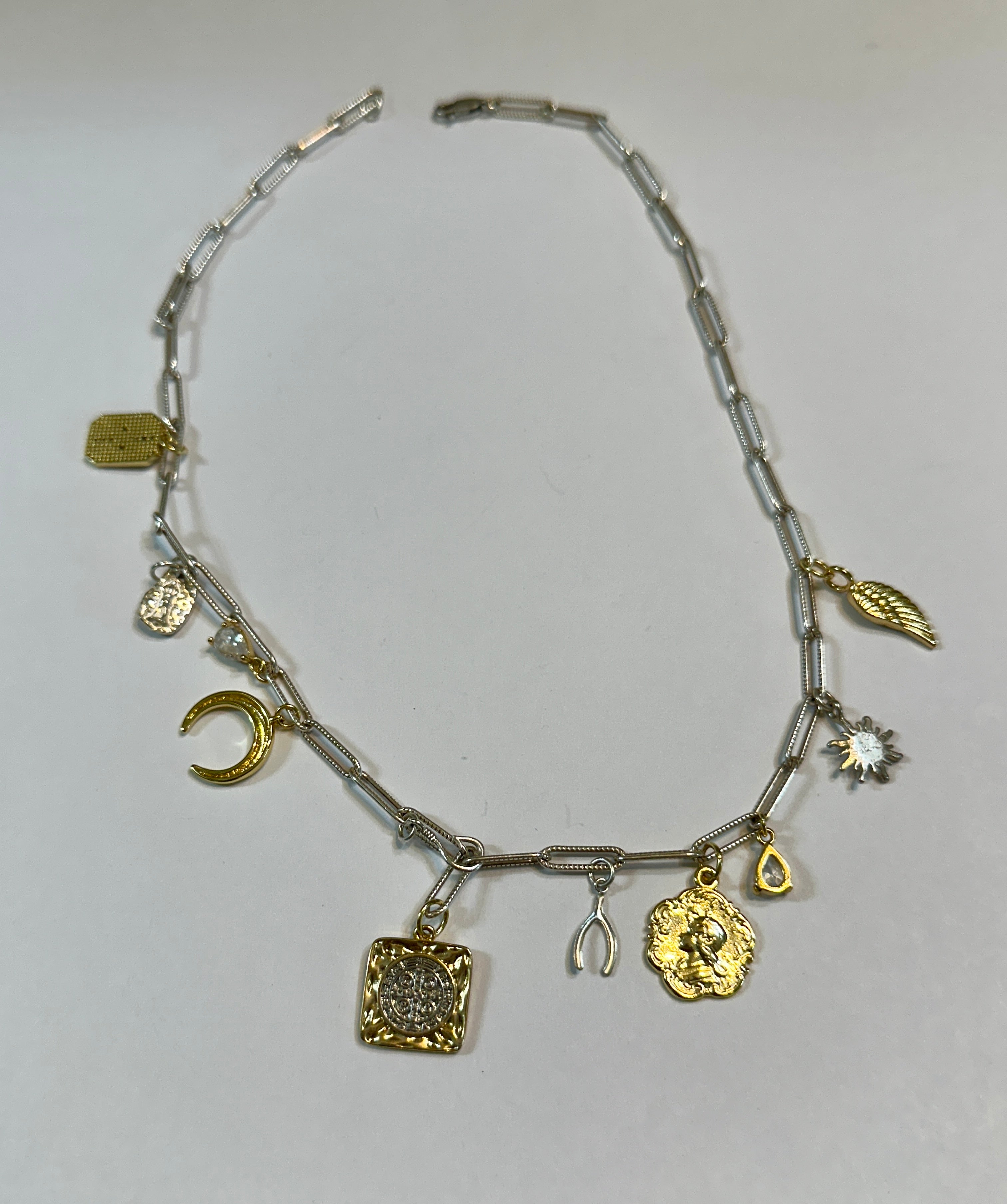 Signs and Symbols Mixed Metals Sterling Silver Charm Necklace