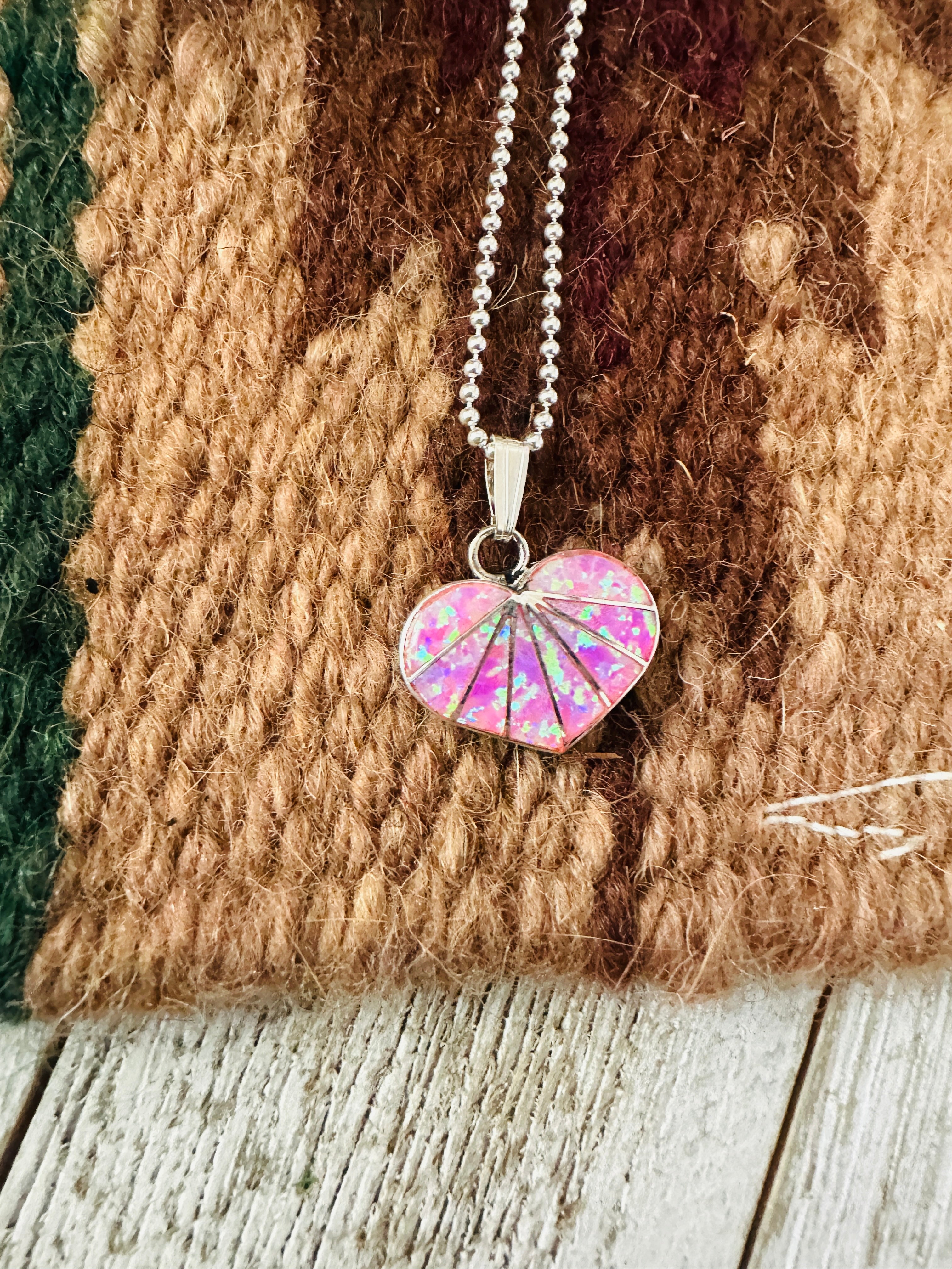Handcrafted Pink Opal & Sterling Silver Inlay Heart Pendant