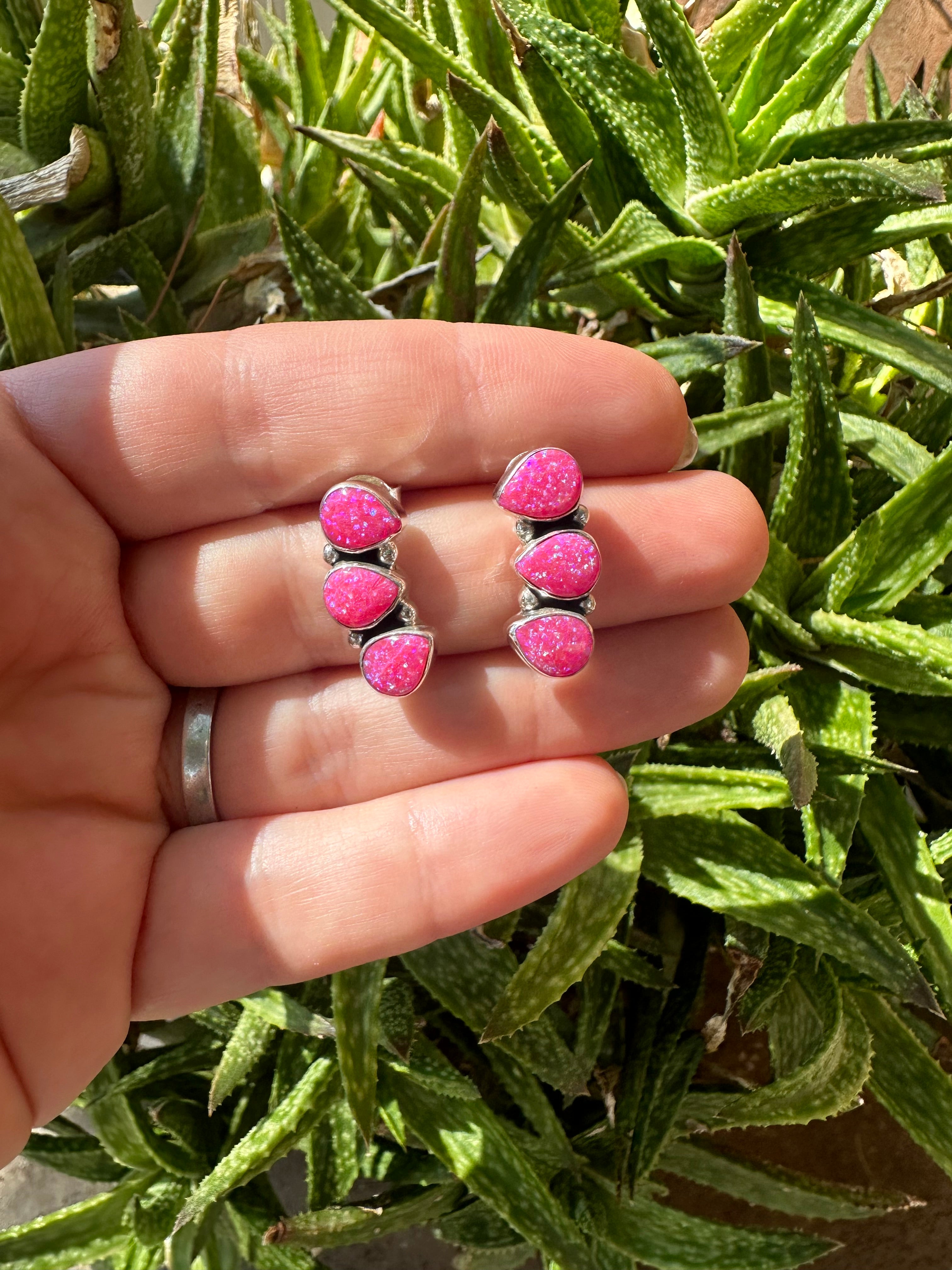 Handmade Hot Pink Fire Opal and Sterling Silver 3 Stone Post Earrings Signed Nizhoni