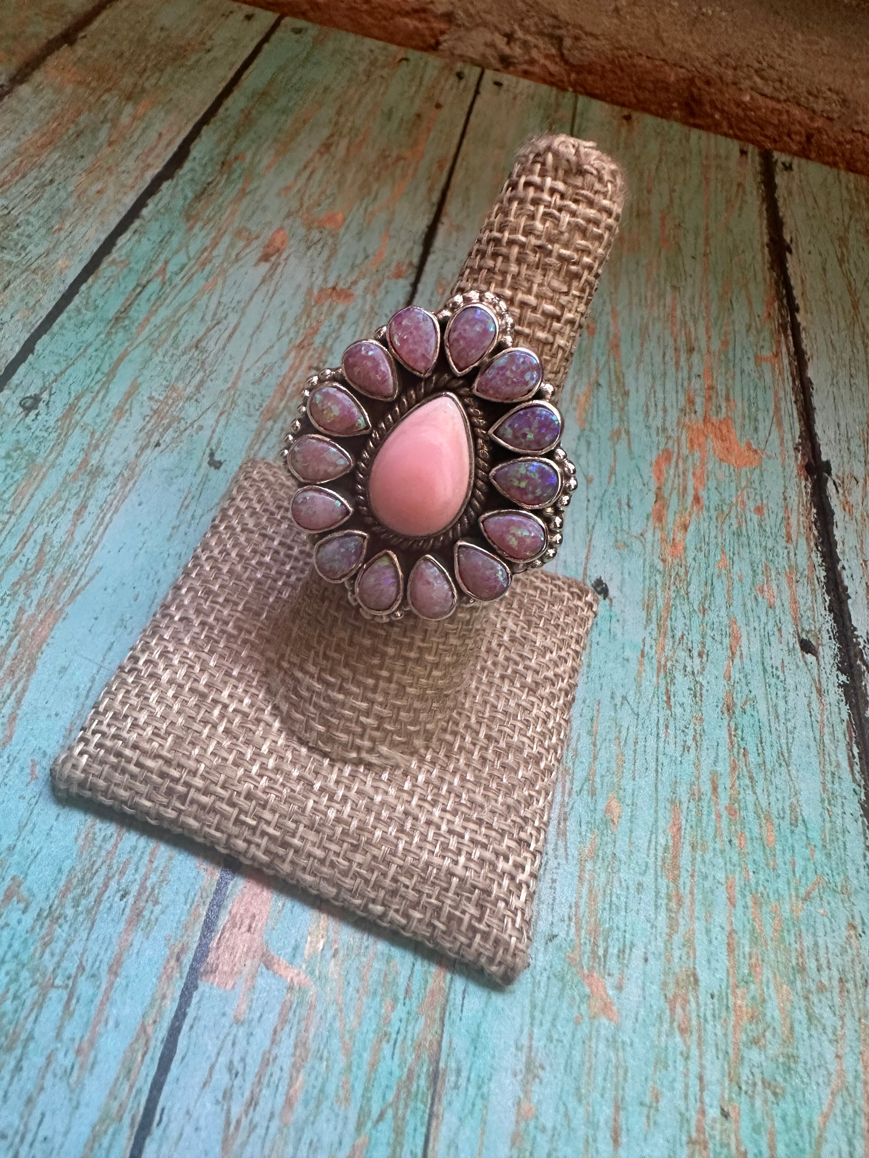 Handmade Adjustable Pink Conch, Purple Fire Opal & Sterling Silver Ring- Tear Drop