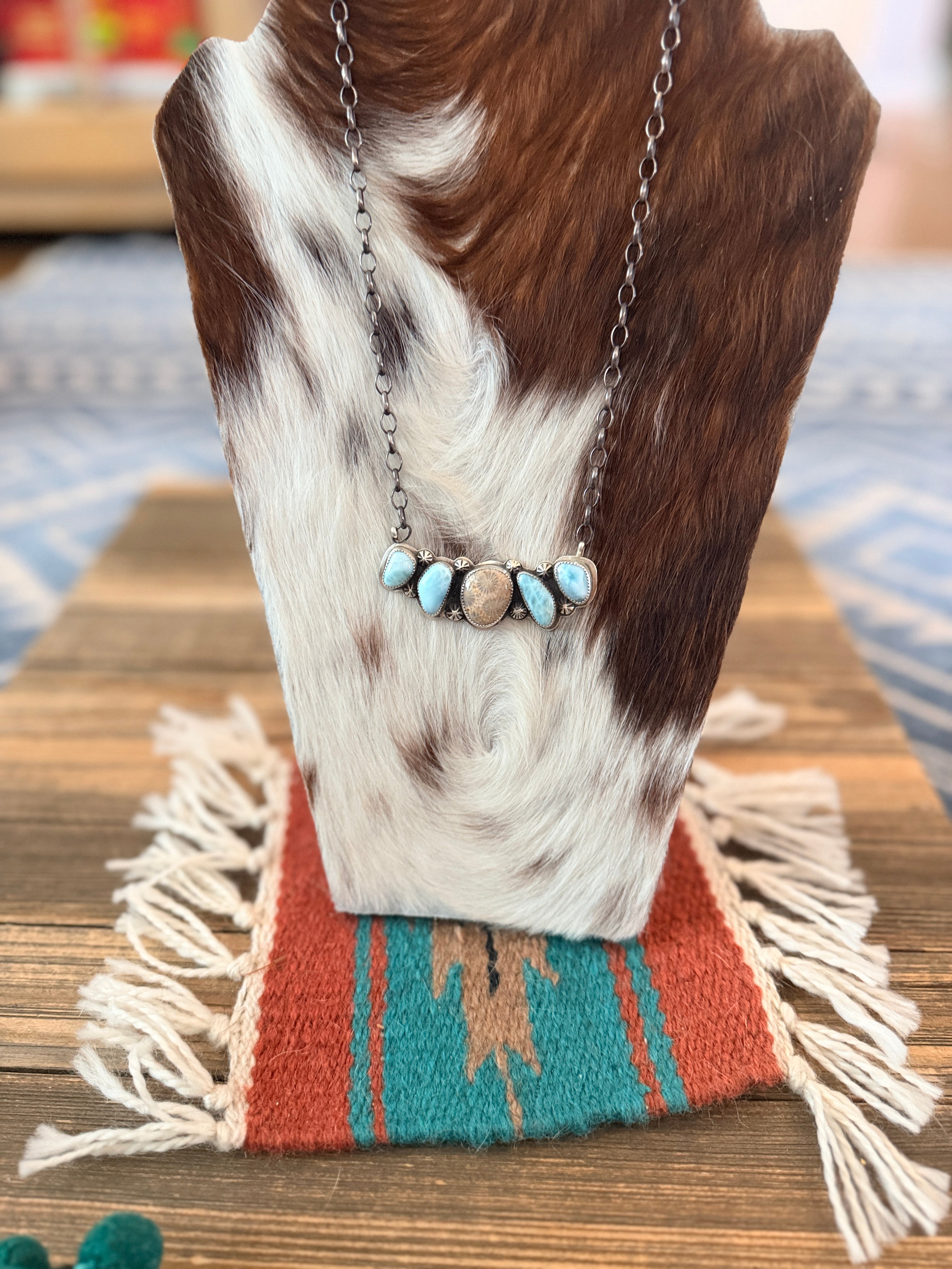 Handmade Sterling Silver, Larimar & Fossilized Coral Necklace Necklace