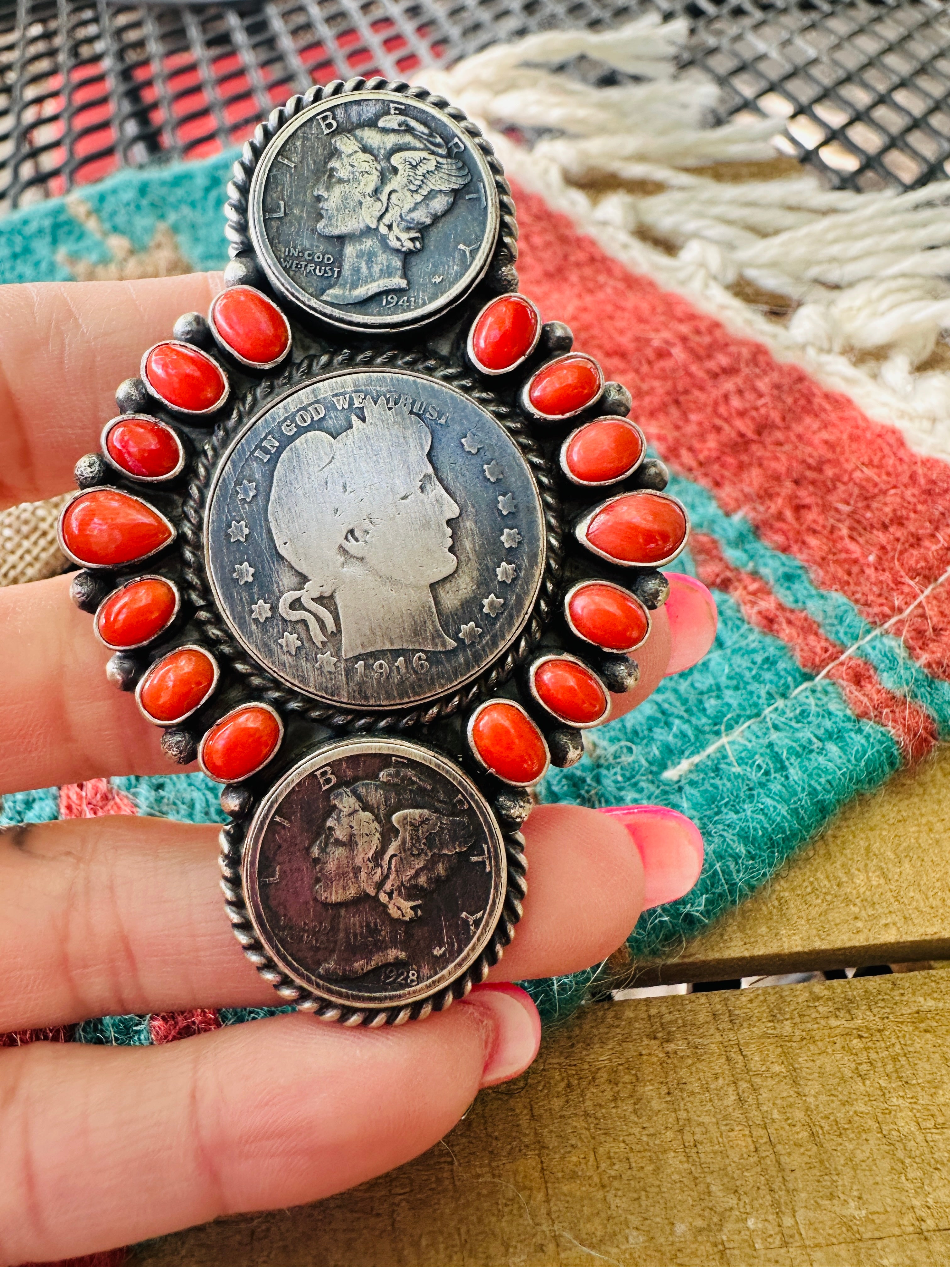 Handcrafted Sterling Silver & Coral Coin Ring Size 9