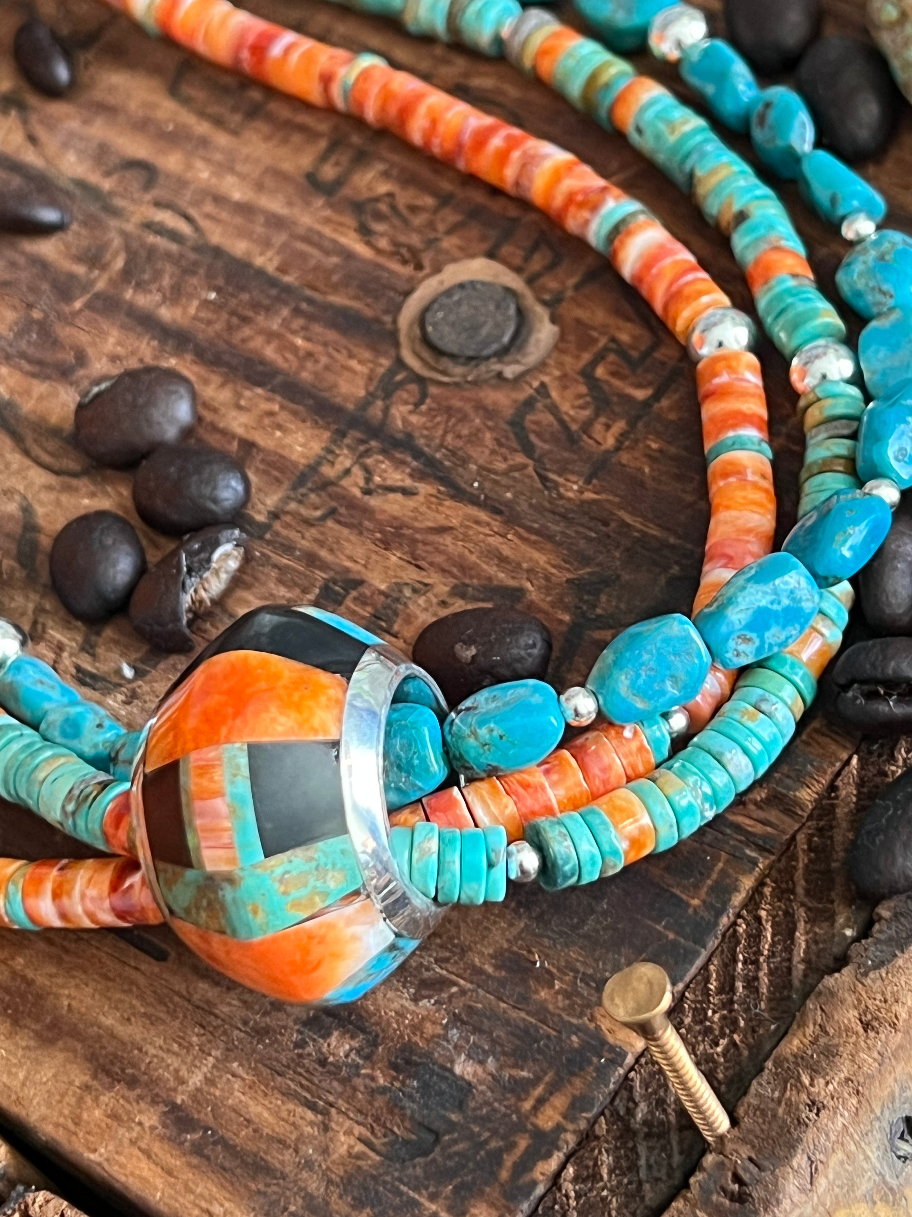 Daniel Coriz Triple Strand Spiny Oyster and Turquoise Beaded Necklace w/ Removable Sterling Silver & Stone Inlay Bead