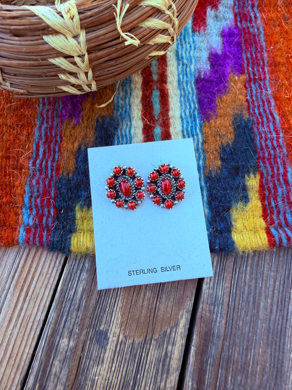 Handcrafted Sterling Silver & Coral Cluster Stud Earrings