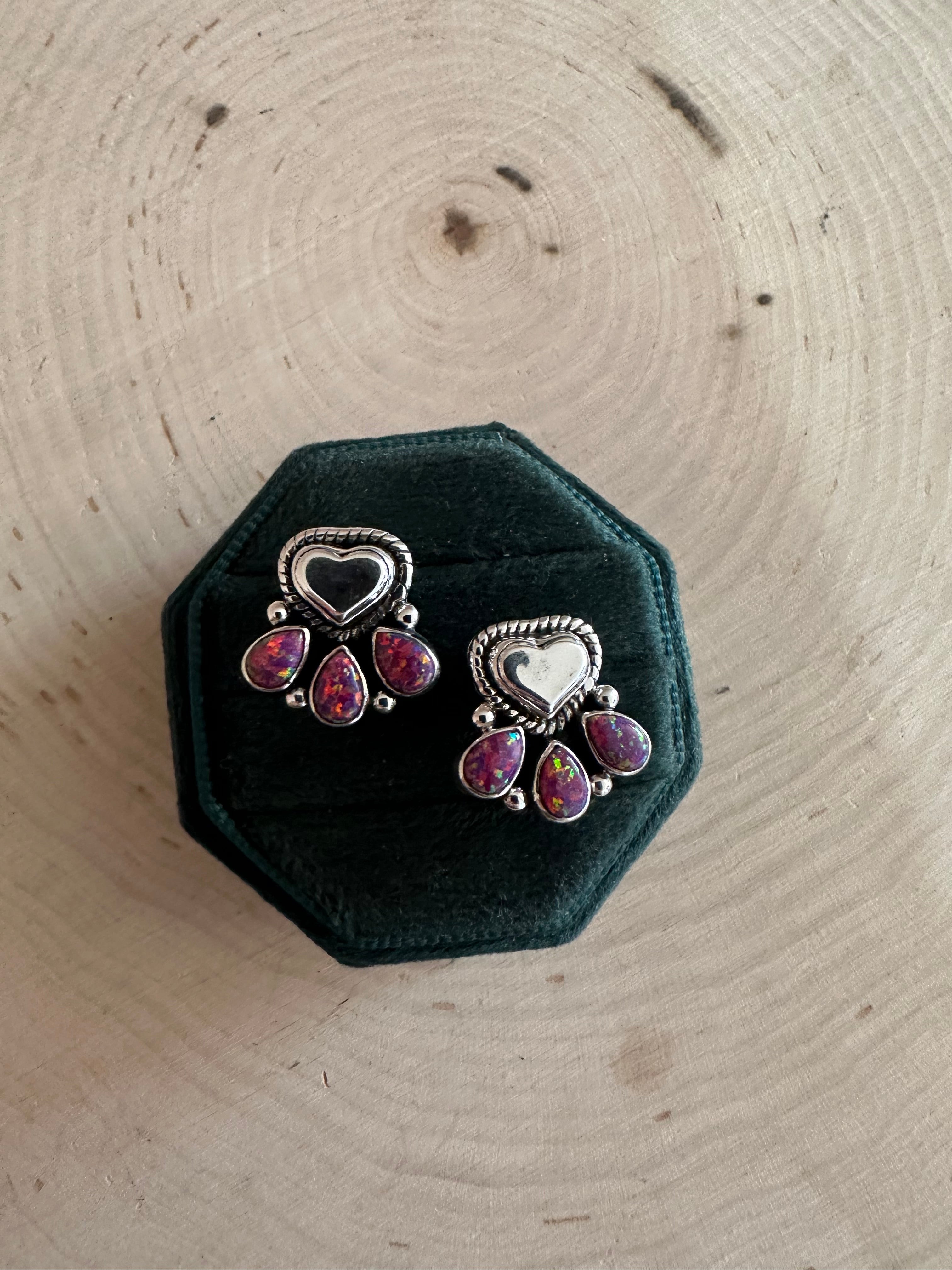 Handmade Dark Pink Fire Opal and Sterling Silver Heart Earrings