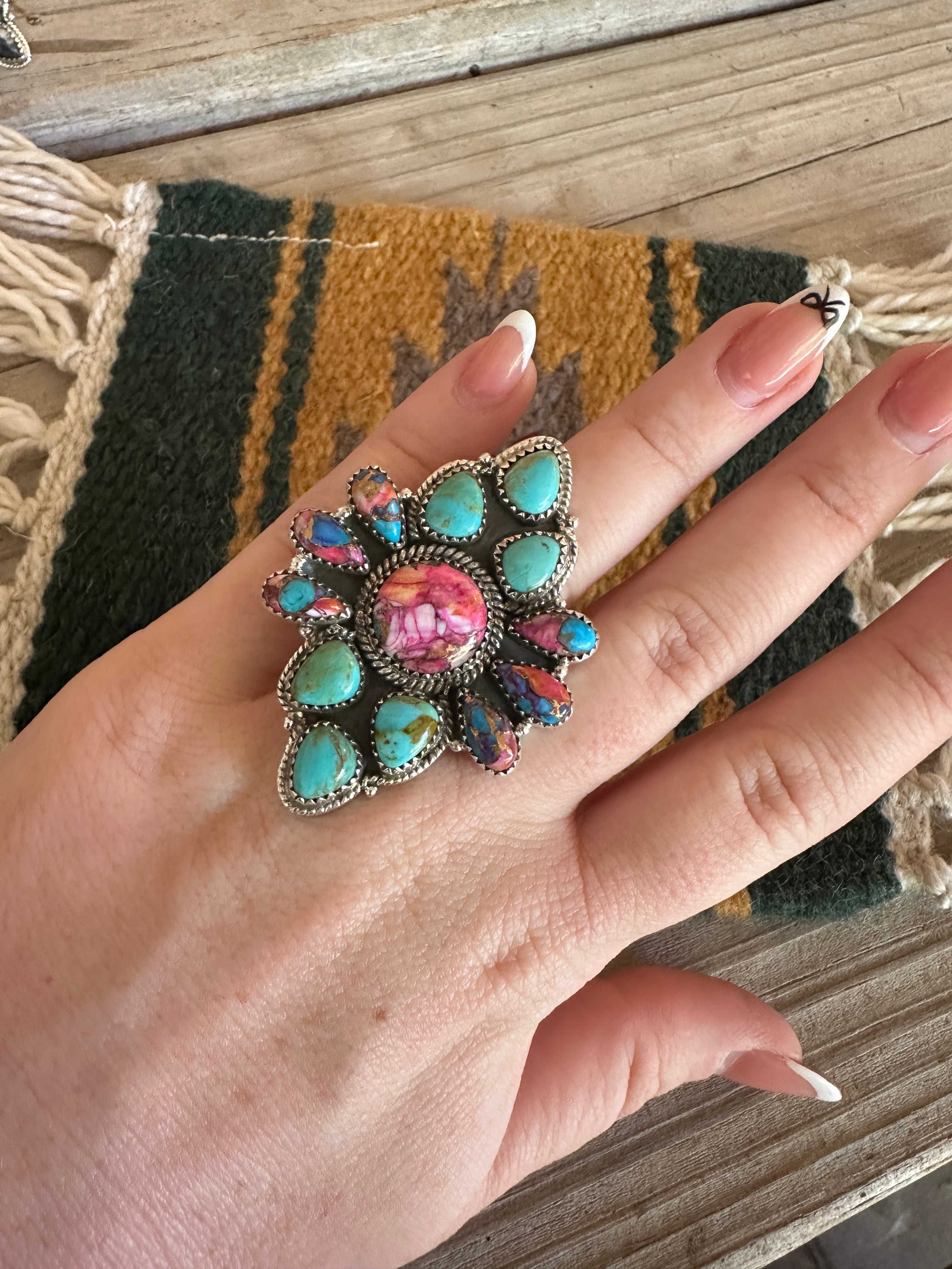 Beautiful Handmade Pink Dream Mojave, Turquoise And Sterling Silver Adjustable Ring 1