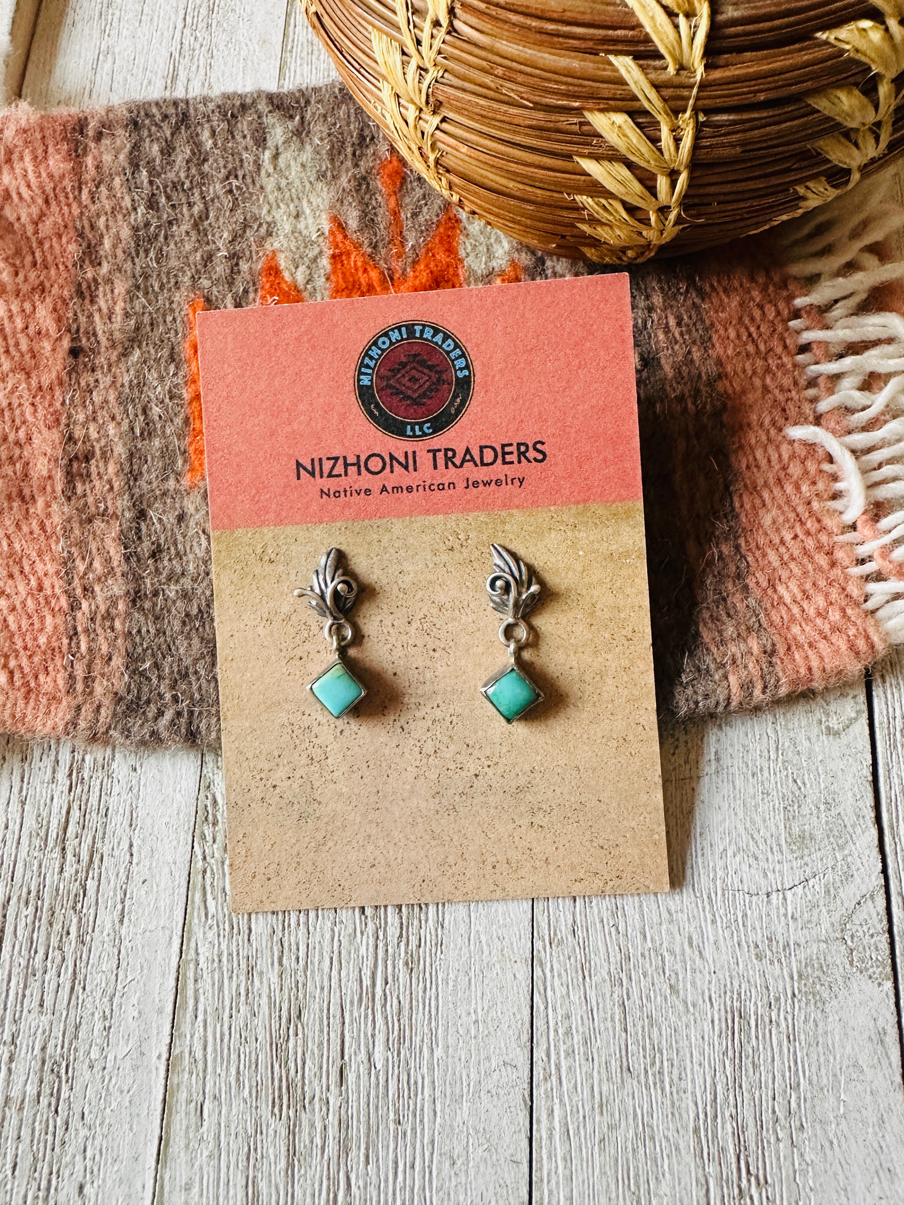 Navajo Turquoise & Sterling Silver Leaf Dangle Earrings