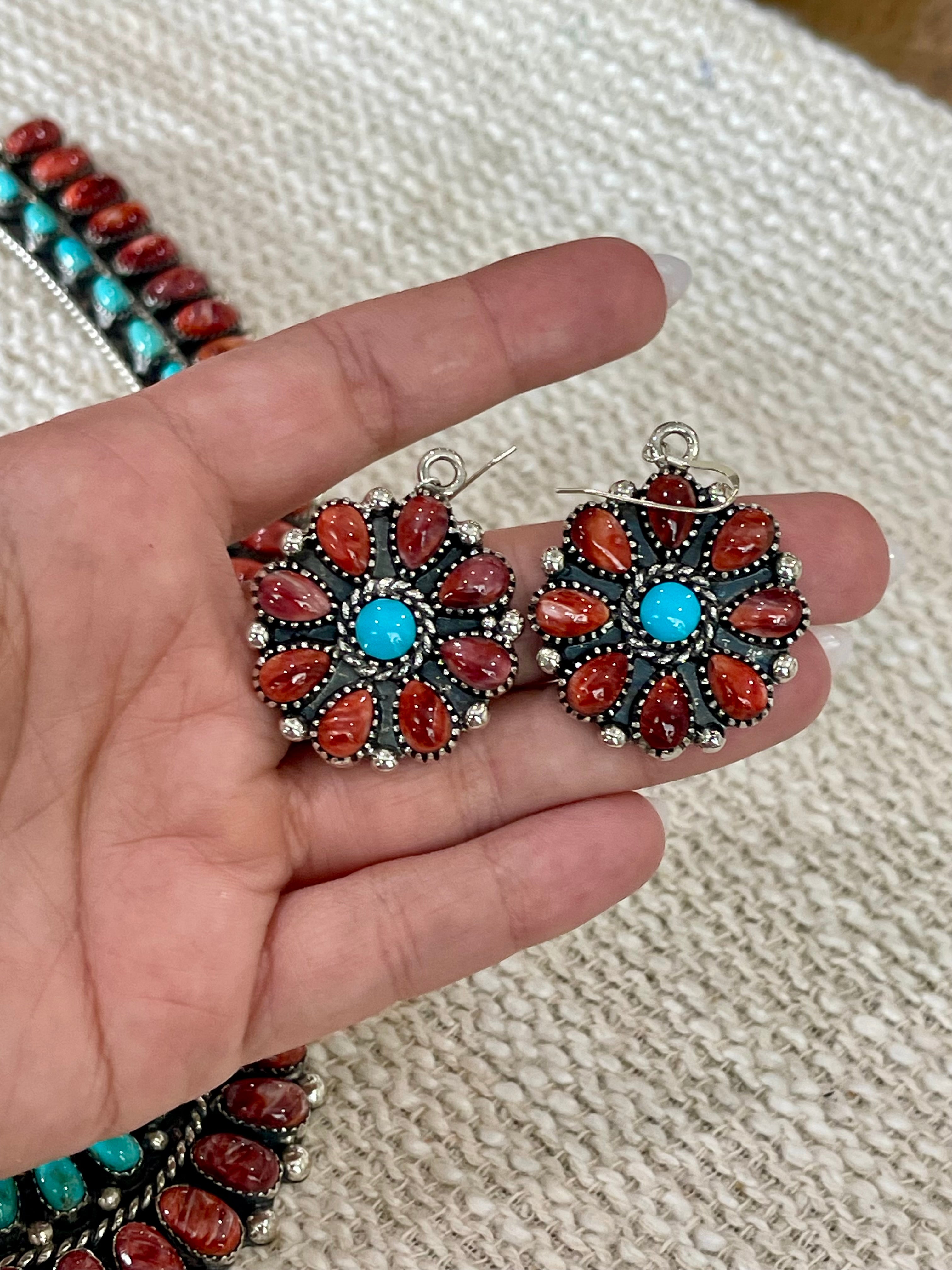 Beautiful Handmade Sterling Silver, Turquoise & Red Spiny Cluster Necklace And Earring Set