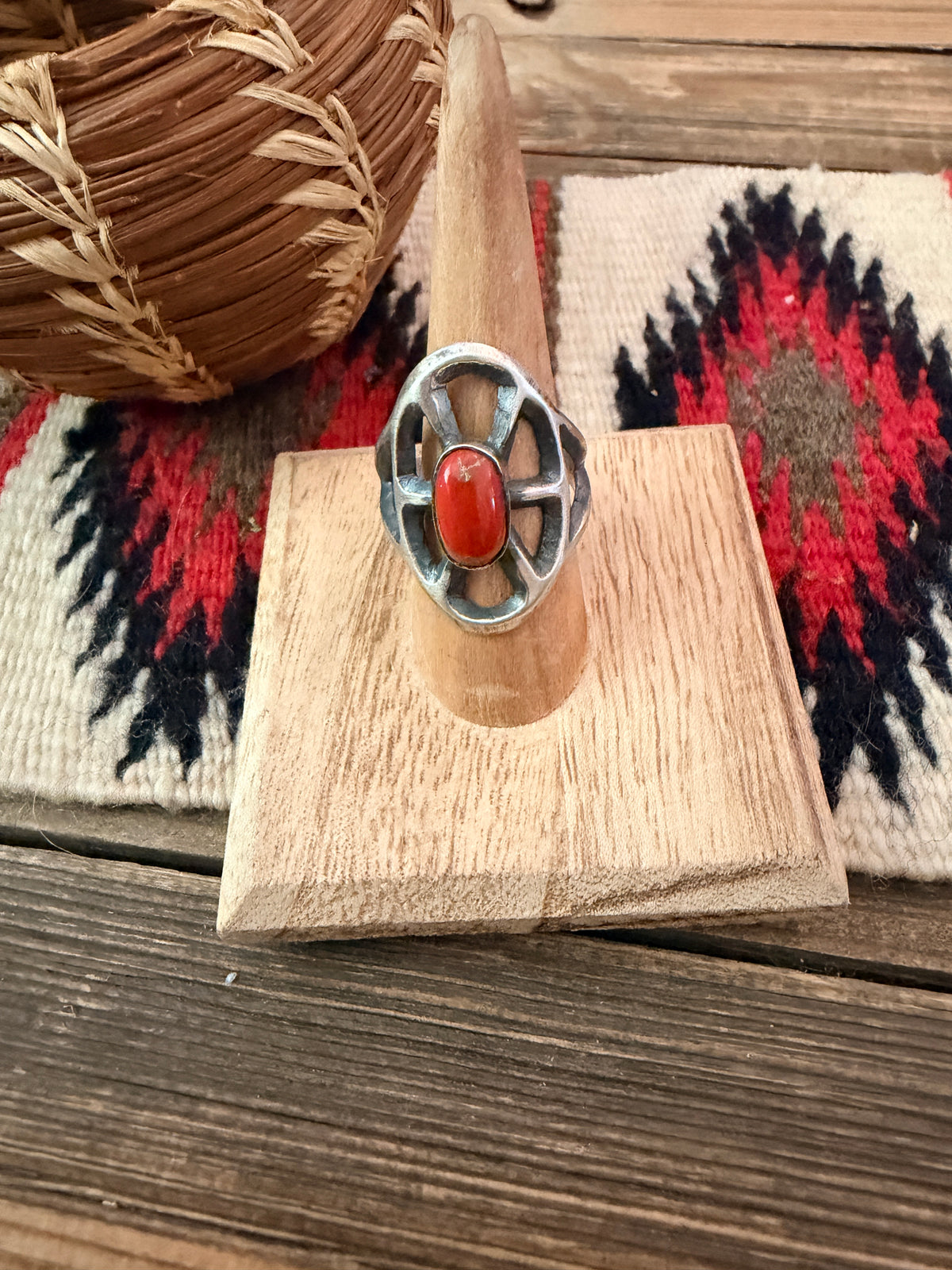 Handcrafted Coral and Sterling Silver Ring size 11 by Chimney Butte