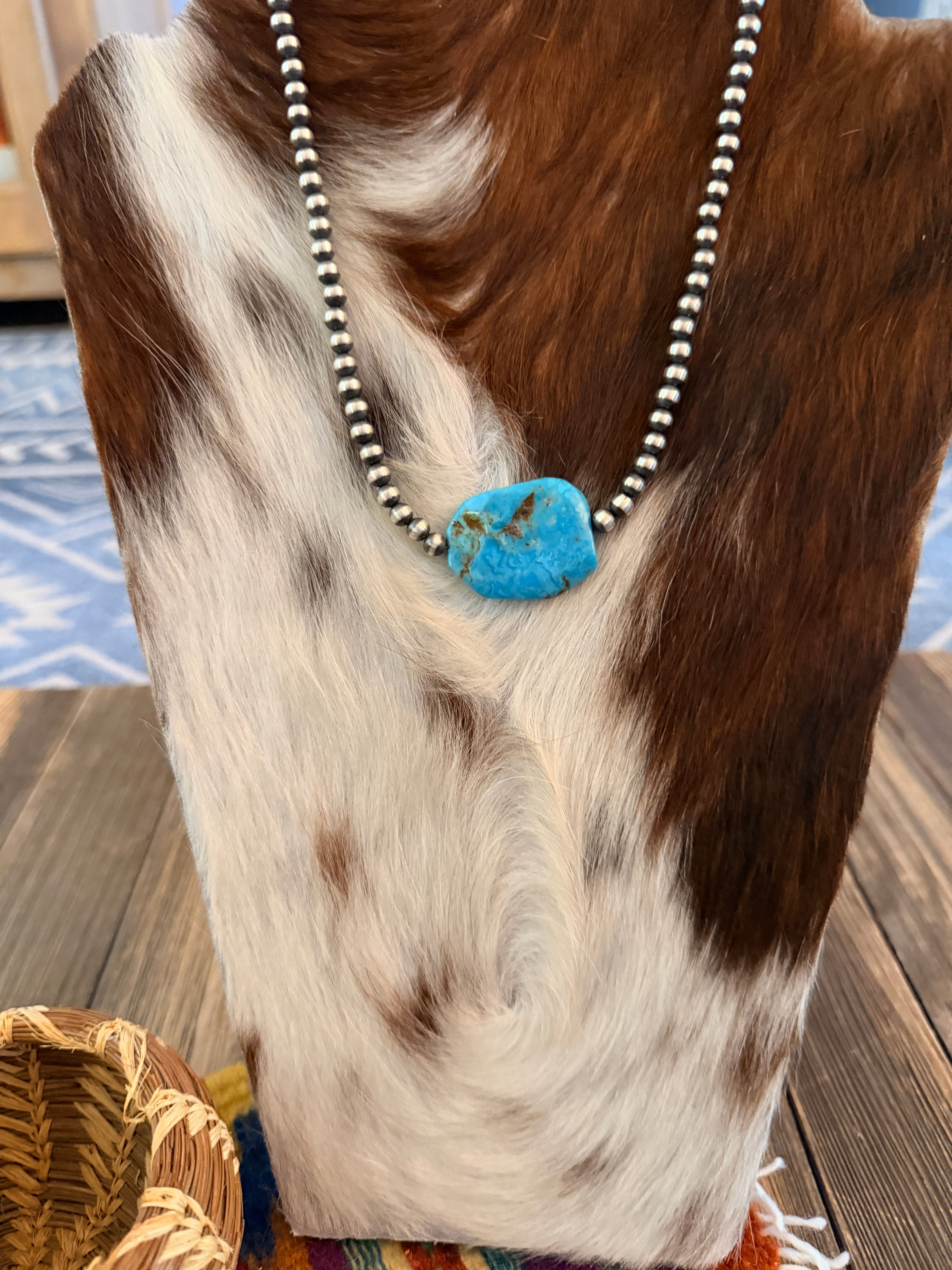 Handcrafted Kingman Turquoise & Sterling Silver Pearl 18” Beaded Necklace