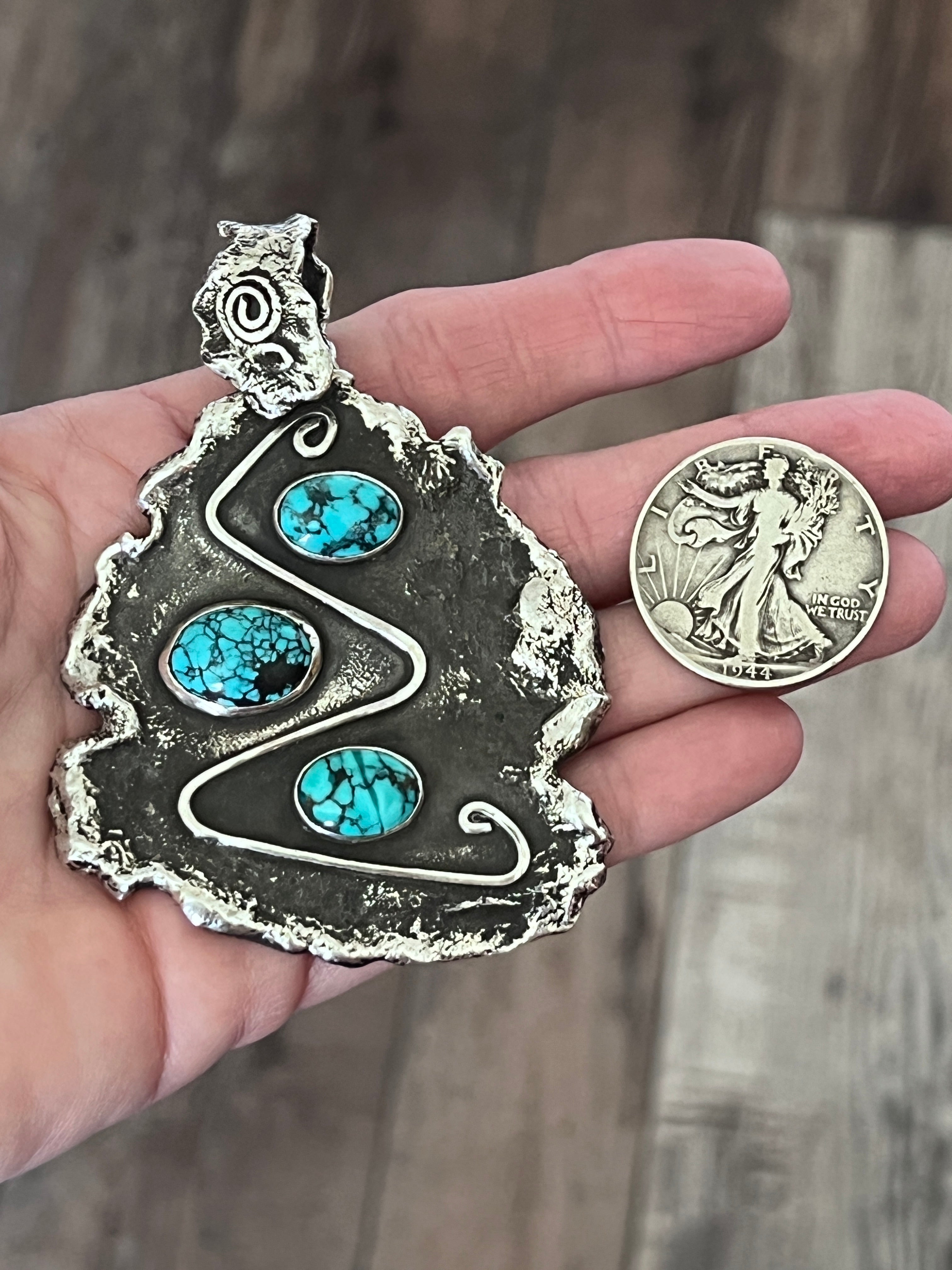 Vintage Artisan Sterling Silver and Turquoise Brutalist Style Pendant Signed Sandee Kelly