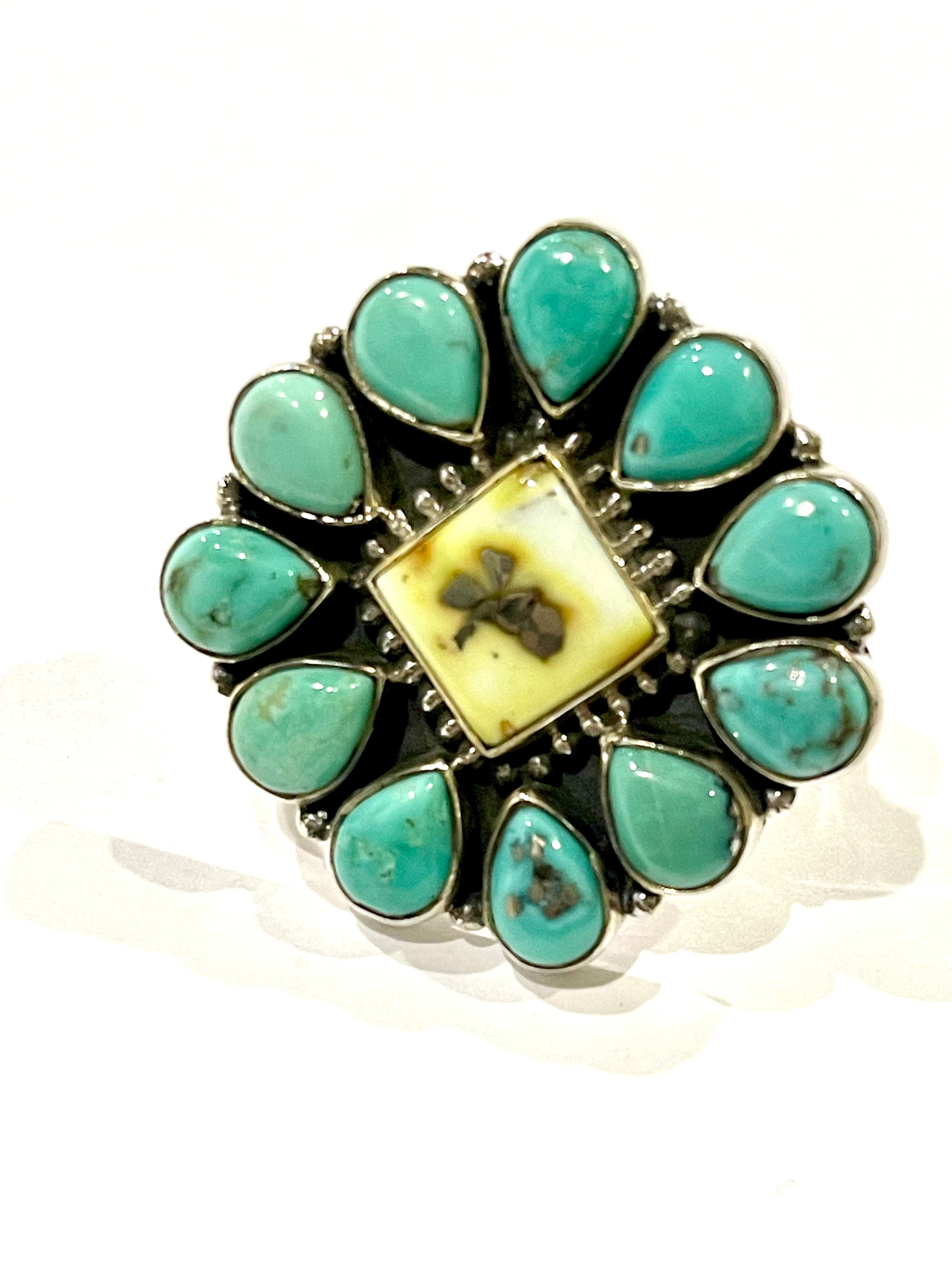 Beautiful Handmade Palomino Variscite, Turquoise And Sterling Silver Adjustable Ring