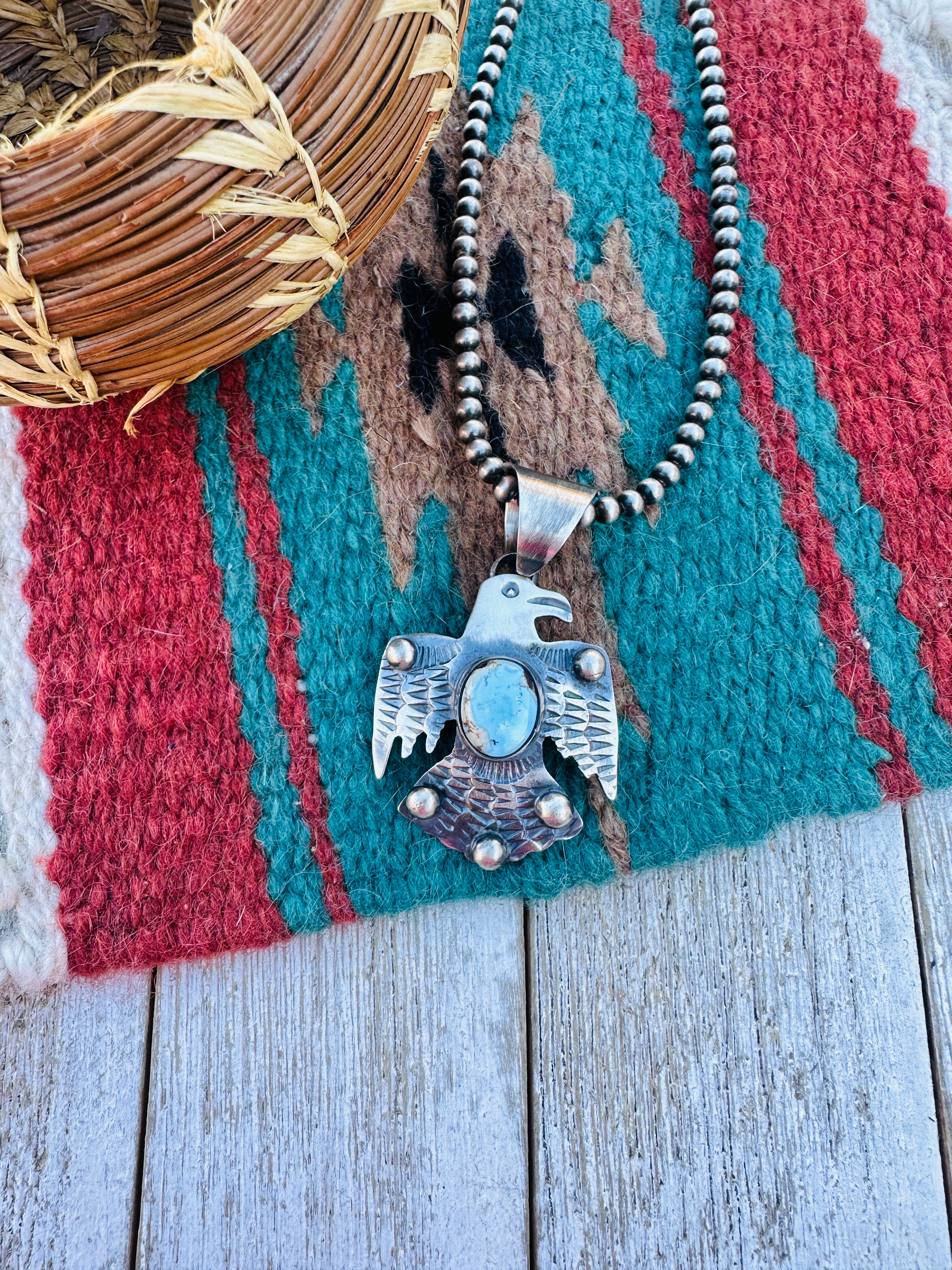 Handcrafted Sterling Silver & Golden Hills Turquoise Thunderbird Pendant by Chimney Butte